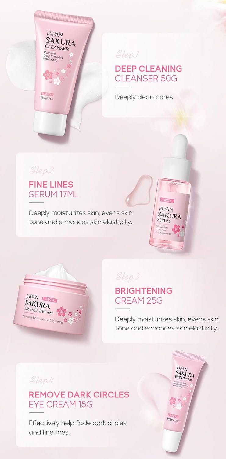 Skin Care Kit Korean Skincare Set for Teen Girls & Women, Travel Sizes Cherry Blossom Hydrating Cleanser, Anti-Aging Serum, Moisturizer, Eye Cream - Skin Radiant Gentle Clean Mini Holiday Gift (4PC) - Image 5