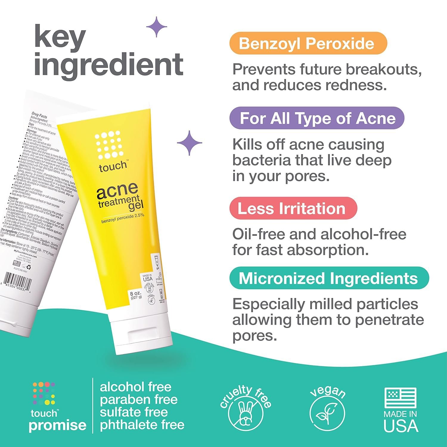 Touch Benzoyl Peroxide 2.5% Gel Cream For Acne - Pimples and Cystic Acne Spot & Daily Face and Back Medication for Adults & Teens – Goes on Clear Lightweight & Non-Drying - Large 8 oz. - Image 3