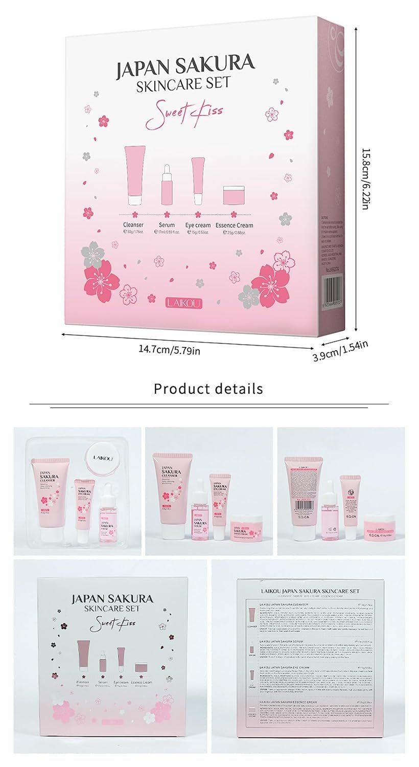 Skin Care Kit Korean Skincare Set for Teen Girls & Women, Travel Sizes Cherry Blossom Hydrating Cleanser, Anti-Aging Serum, Moisturizer, Eye Cream - Skin Radiant Gentle Clean Mini Holiday Gift (4PC) - Image 4