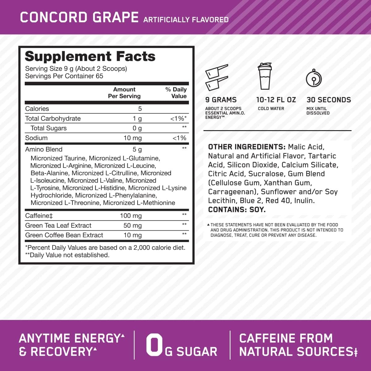 Optimum Nutrition Amino Energy - Pre Workout with Green Tea, BCAA, Amino Acids, Keto Friendly, Green Coffee Extract, Energy Powder - Concord Grape, 65 Servings (Packaging May Vary) - Image 3