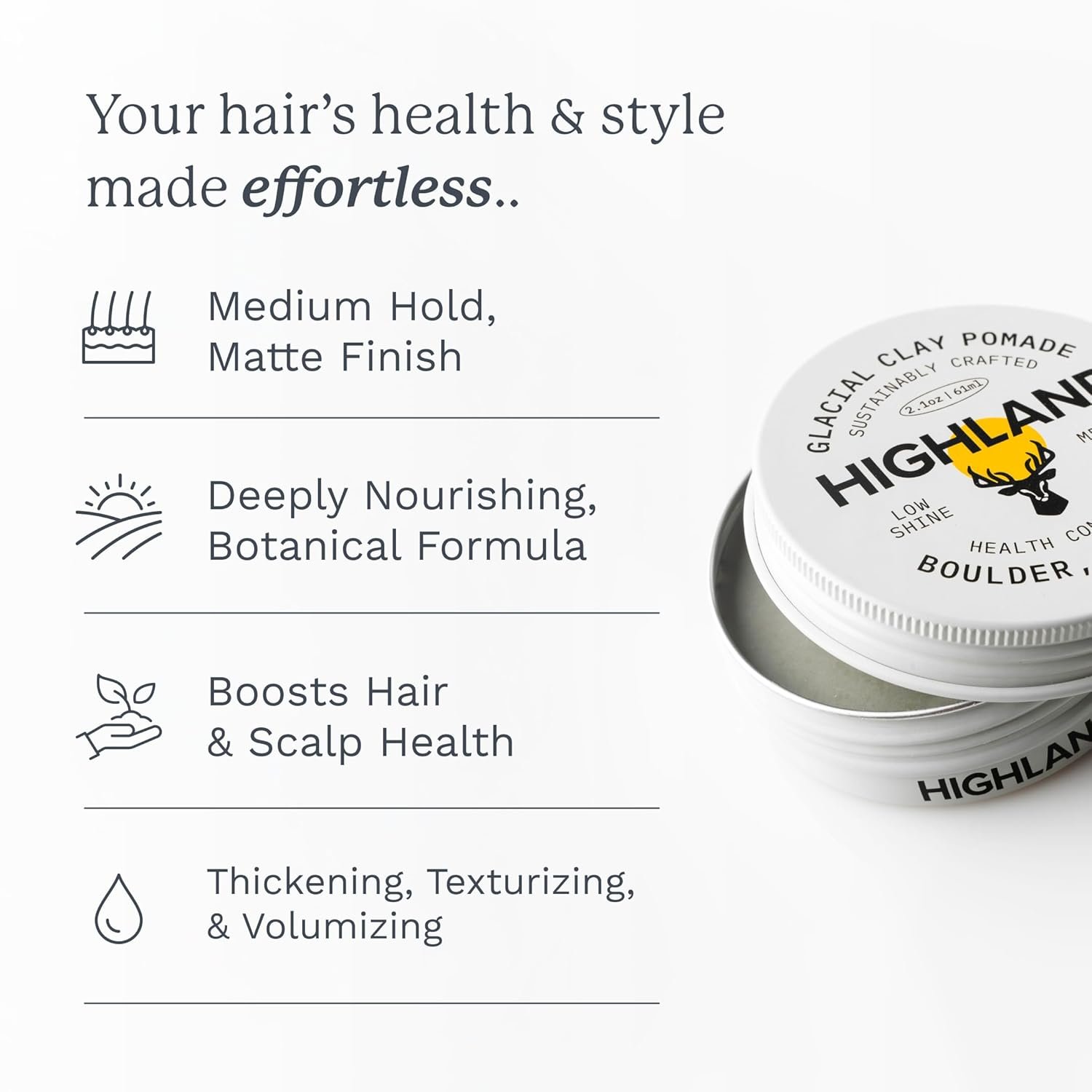 Highland Glacial Hair Clay Pomade - Award winning hair styling clay for men and women made with 100% all natural and organic ingredients that promote hair and scalp health. Low shine, Medium Hold. - Image 2