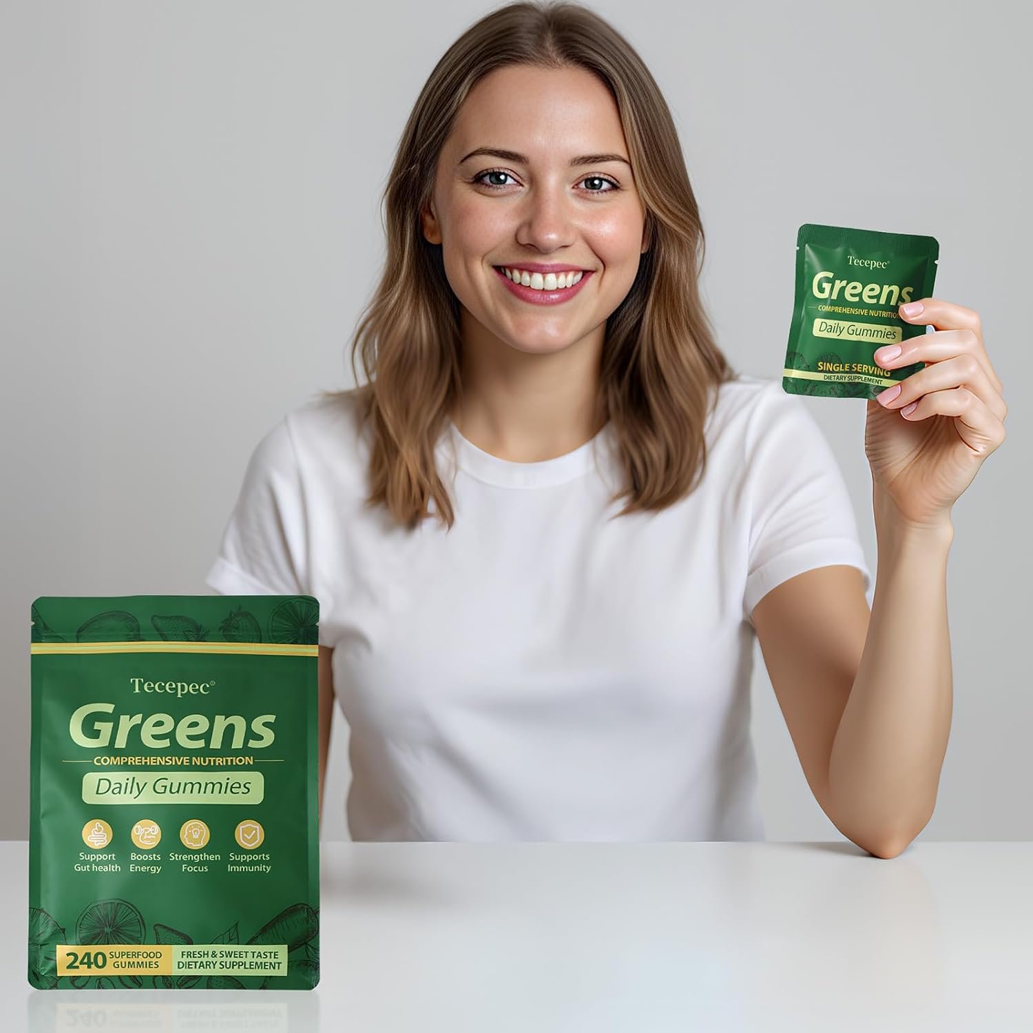 Greens Daily Gummies, Superfood Fruits and Veggies Blend with Spirulina, Chlorella, Prebiotics & Fiber, Adaptogens Multivitamin Supplement for Women & Men Digestive Health, Non-GMO, 240 Count - Image 7