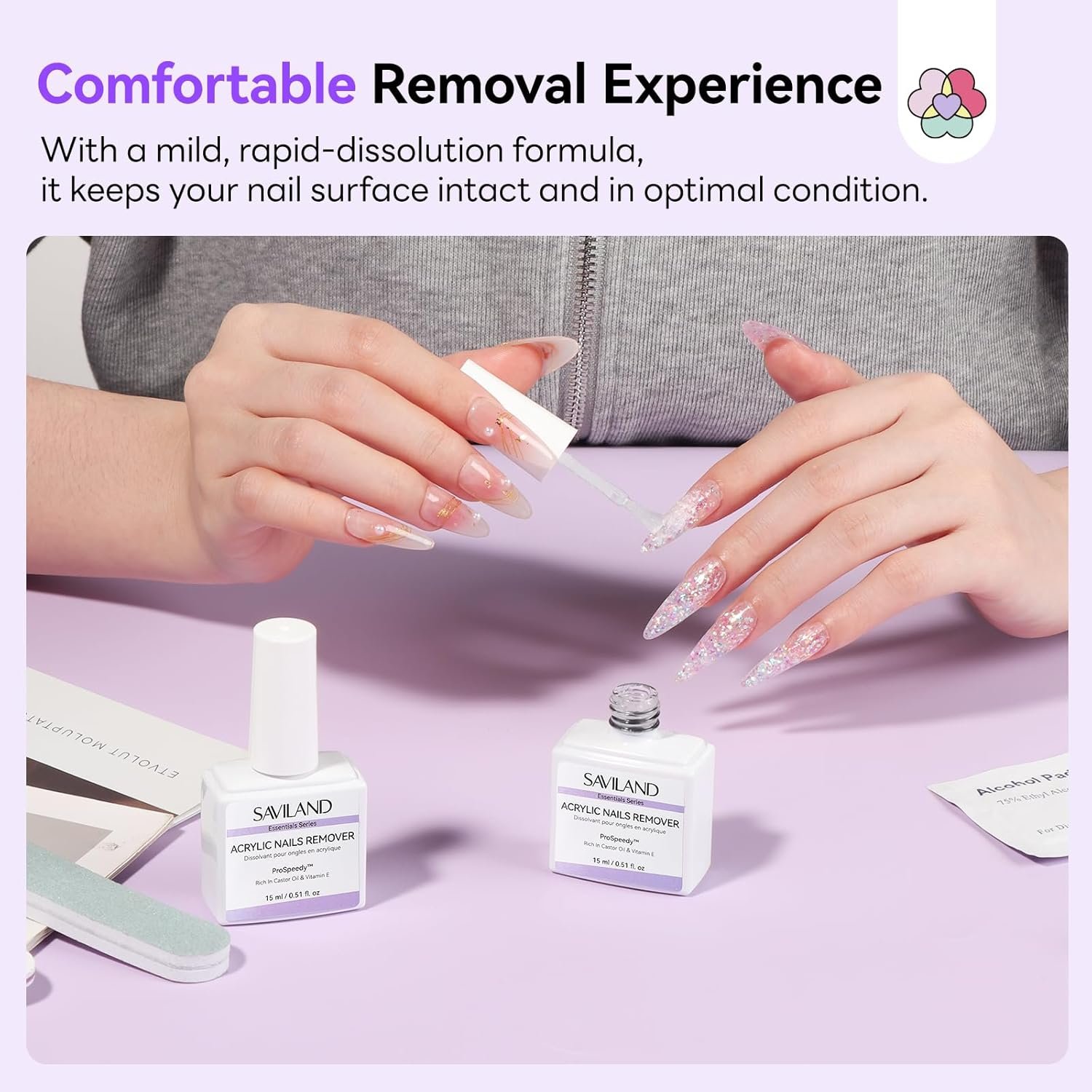 SAVILAND Acrylic Nail Remover Kit 2 Pcs: Powerful Rapid Dissolution Acrylic Remover with Cuticle Oil & Nail File Tools, No Soaking No Wrapping, Gentle Professional Set for Home Use - Image 4