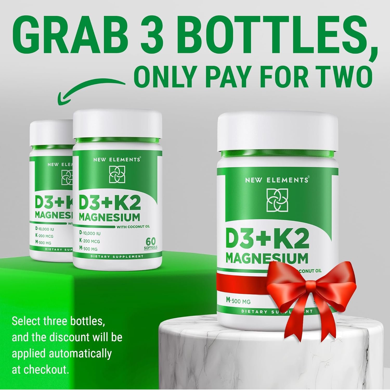 New Elements Vitamin D3 K2 10,000 IU with Magnesium Glycinate 500mg - Bone Health, Immune Support, Energy & Mood - Non-GMO, Gluten-Free, Sugar-Free Softgels for Women & Men (60 softgels) - Image 3