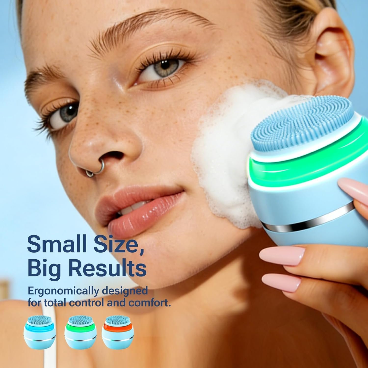 Electric Face Scrubber & Silicone Facial Cleansing Brush - Waterproof Sonic Face Brush Exfoliator with LED Screen, 3 Beauty Light Modes, Rechargeable Face Wash Brush for Deep Cleaning & Massage-Blue - Image 2