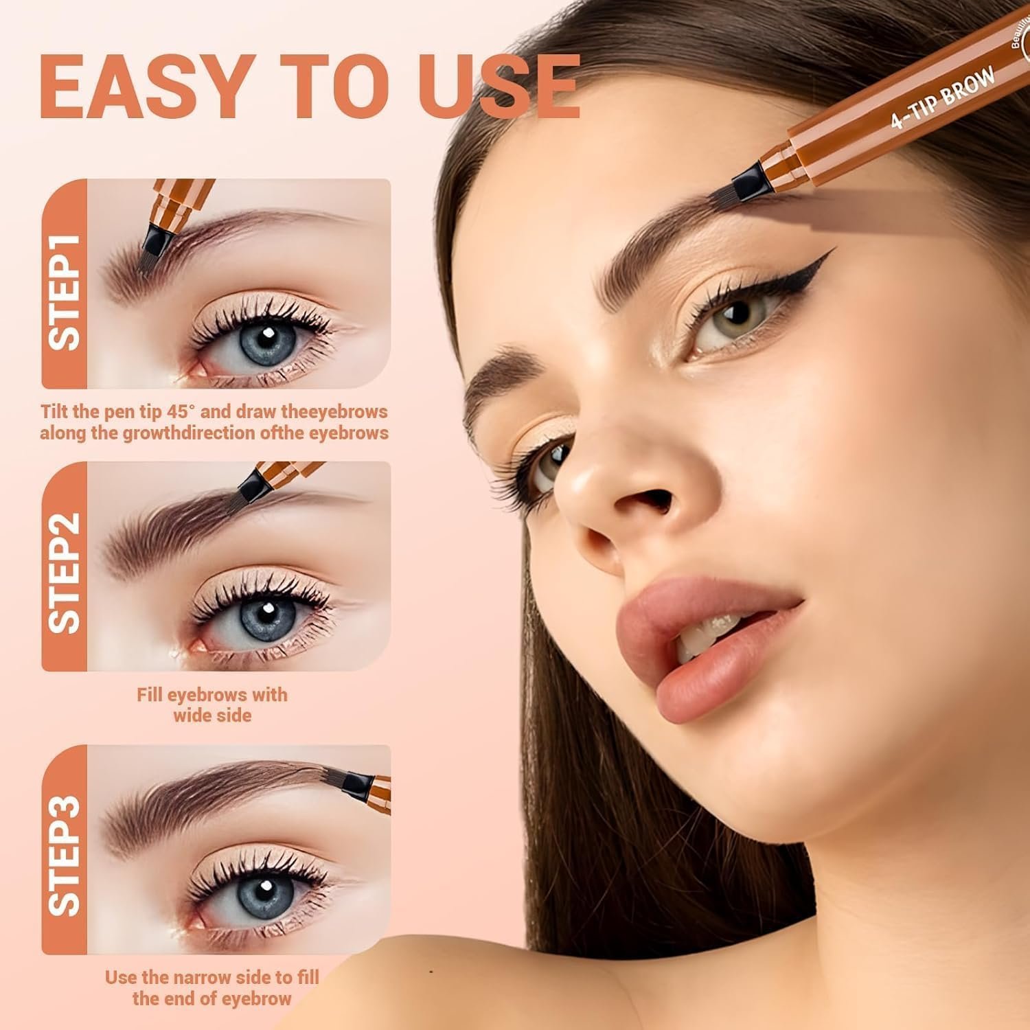 Microblading Eyebrow Pen, Waterproof Four-tip Beard and Eyebrow Pen, Liquid Eyebrow Pencil, Long-Lasting Natural Magic Eyebrow Makeup Fine Stroke Contouring Pencil (Brown) - Image 3