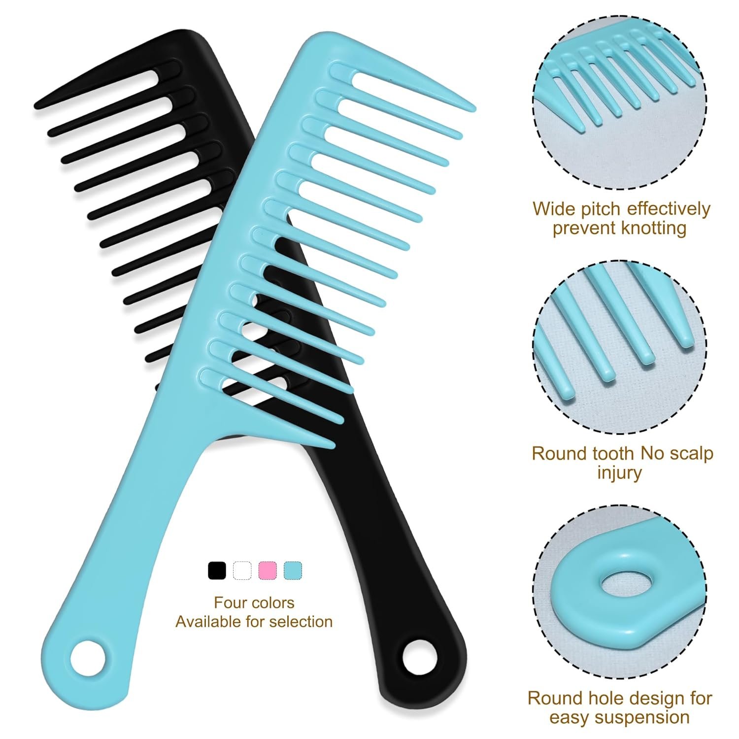 MODENGKONGJIAN 4PCS Wide Tooth Comb, Large Hair Detangling Comb Styling Comb for Curly, Wet, Long Hair with Handgrip (Black & Pink) - Image 2