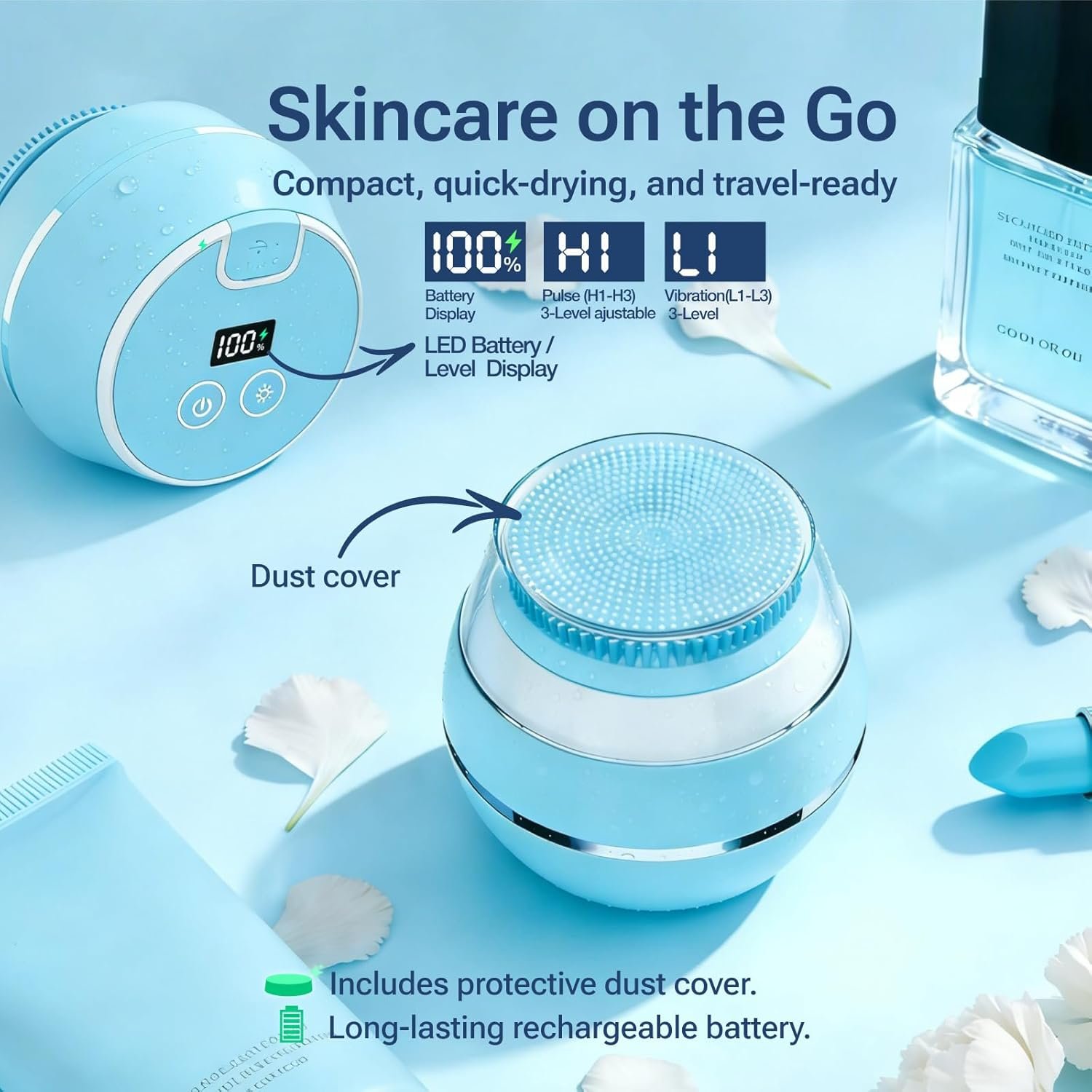 Electric Face Scrubber & Silicone Facial Cleansing Brush - Waterproof Sonic Face Brush Exfoliator with LED Screen, 3 Beauty Light Modes, Rechargeable Face Wash Brush for Deep Cleaning & Massage-Blue - Image 7