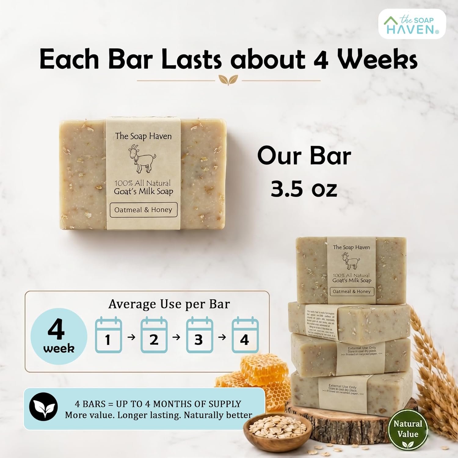 Oatmeal Soap - 4 Oatmeal & Honey Goat Milk Soap Bars, Handmade in USA, All Natural, Unscented, SLS Free, No Parabens - Image 7
