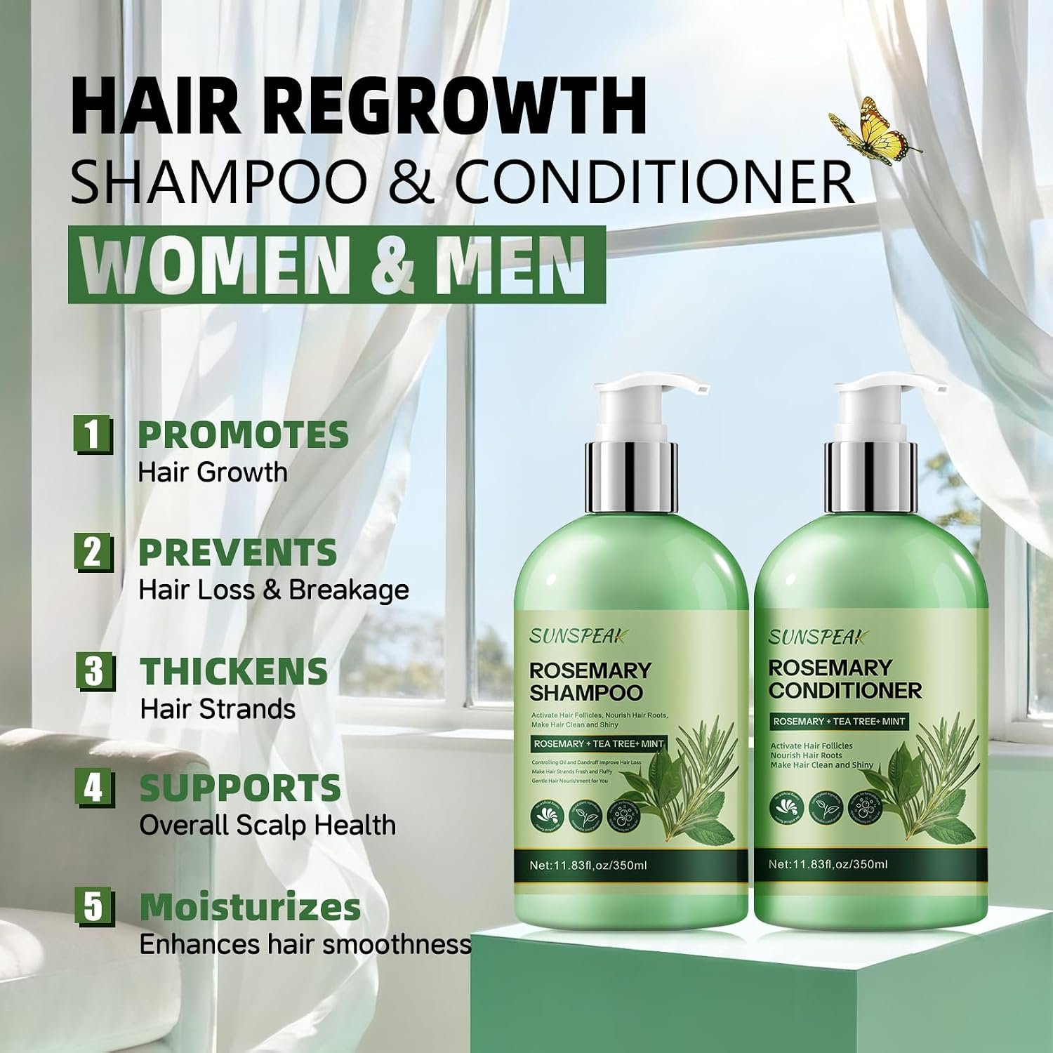 Rosemary Hair Growth Shampoo and Conditioner Set: Thickness & Anti Hair Loss Shampoo and Conditioner with Tea Tree Oil Mint Biotin – Strengthening Formula for Men & Women, Thinning & Damaged Hair Care - Image 3