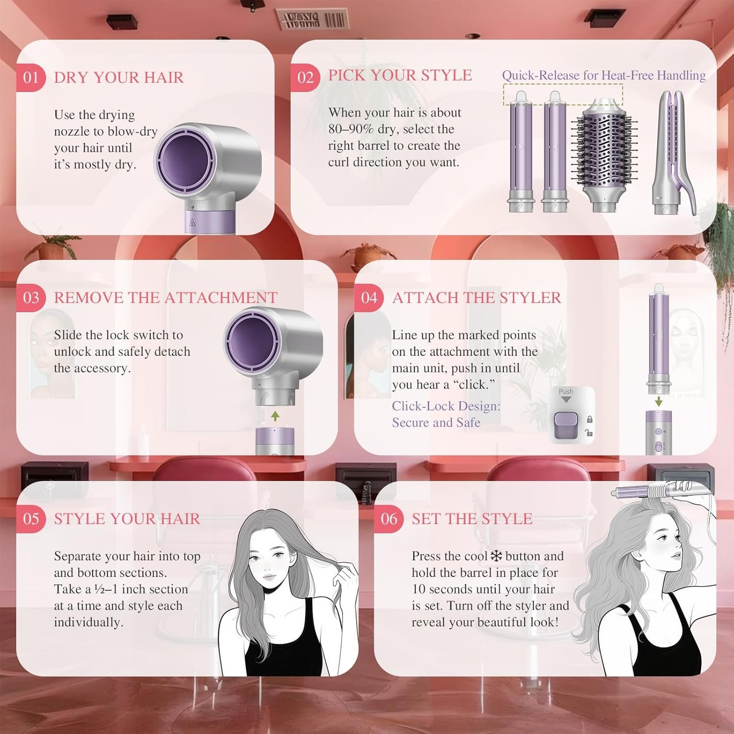 5 in 1 Hot Air Styler- Blowout Brush Hair Dryer Set for Salon Blowouts, Smooth Curls, Volumizing and Straightening, Professional Hair Styler Set, Anti-Frizz, Compact Design with Travel Bag - Image 8