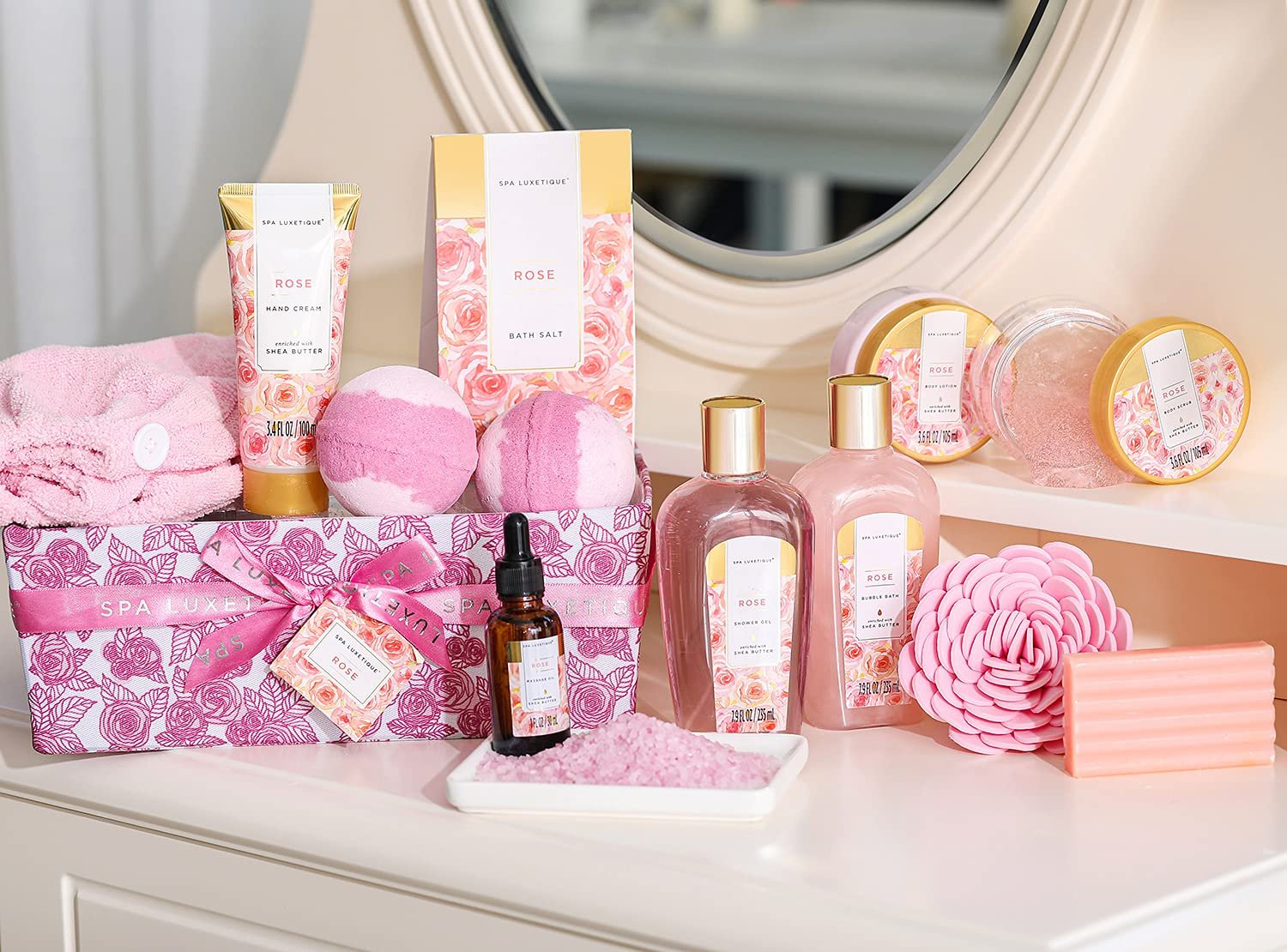 Spa Luxetique Spa Gift Baskets for Women, 12 Pcs Rose Presents Set with Bubble Bath, Bath Bombs, Body Lotion, Hand Cream, Christmas Gift Basket for Mom - Image 7
