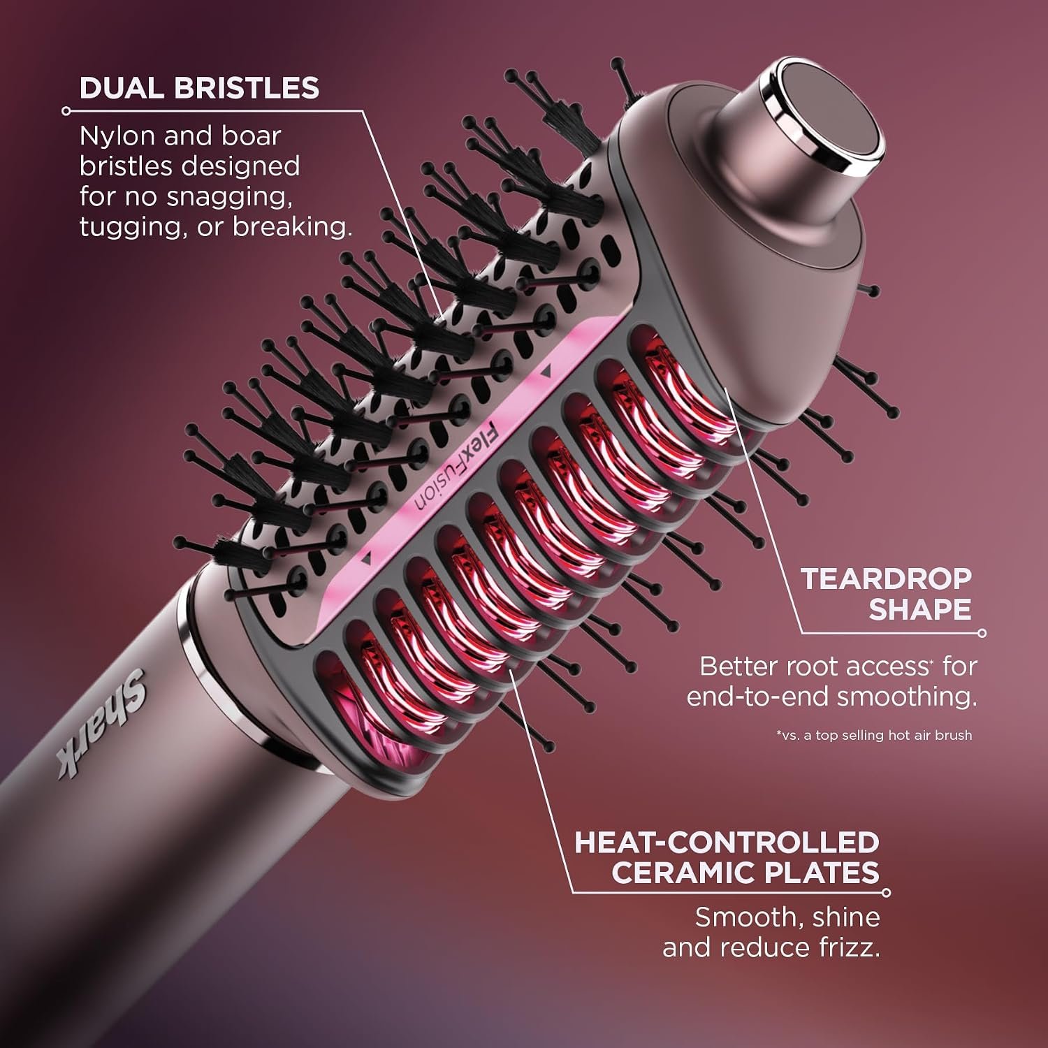 Shark FlexFusion Hair Straightener & Powerful Hair Dryer with Fusion Hair Brush, Ceramic Air Styler with Auto-Wrap Curlers & Concentrator, Ceramic Plates, Cosmic Blush HD641S - Image 7
