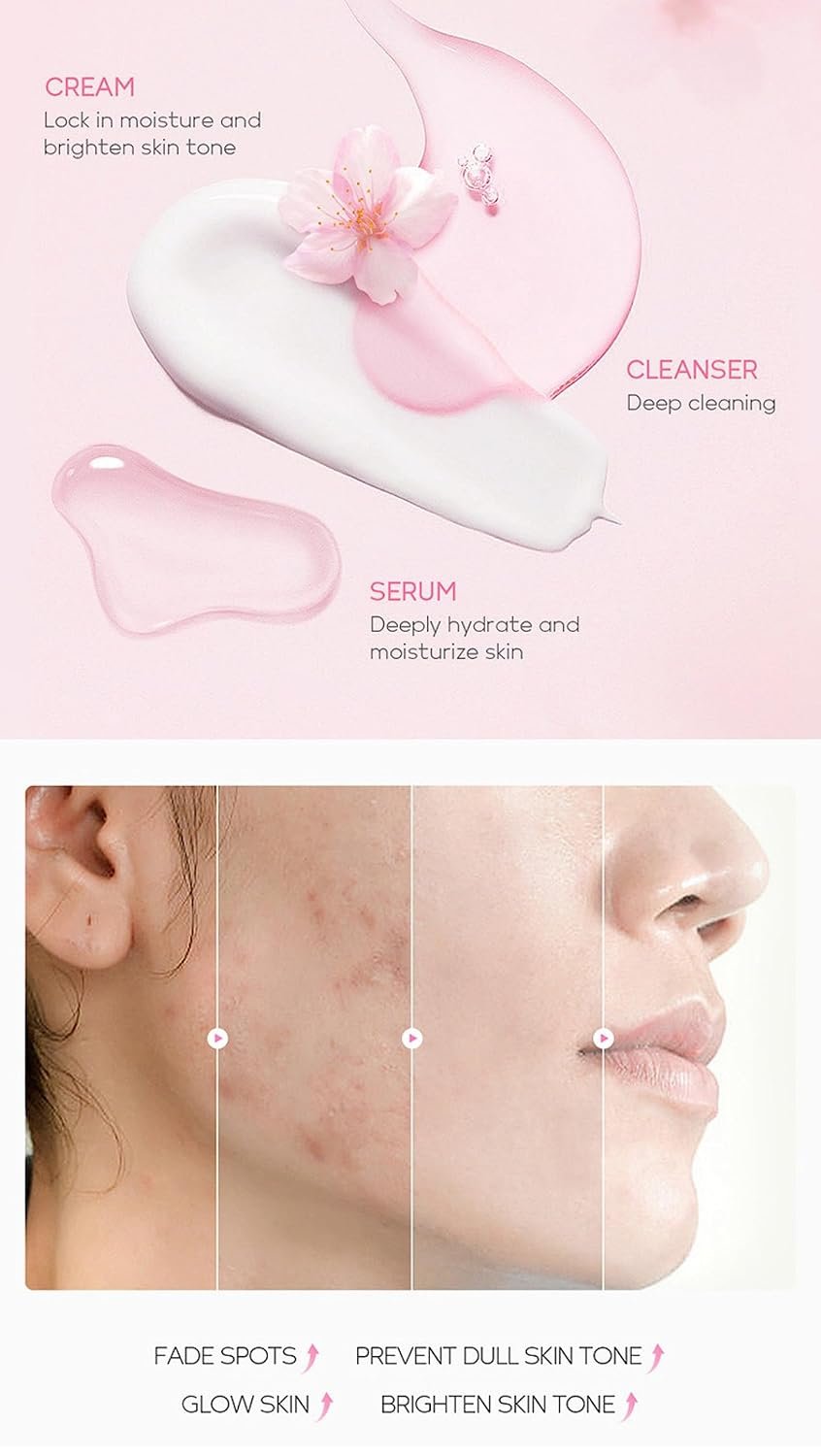 Skin Care Kit Korean Skincare Set for Teen Girls & Women, Travel Sizes Cherry Blossom Hydrating Cleanser, Anti-Aging Serum, Moisturizer, Eye Cream - Skin Radiant Gentle Clean Mini Holiday Gift (4PC) - Image 6