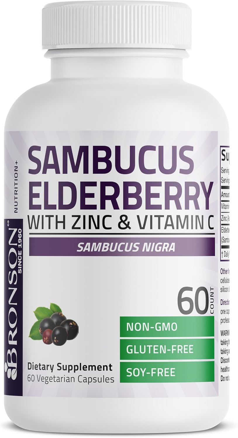 Bronson Sambucus Elderberry with Zinc & Vitamin C Triple Immune Support Complex Immune & Antioxidant Protection, Non-GMO, 60 Vegetarian Capsules - Image 3