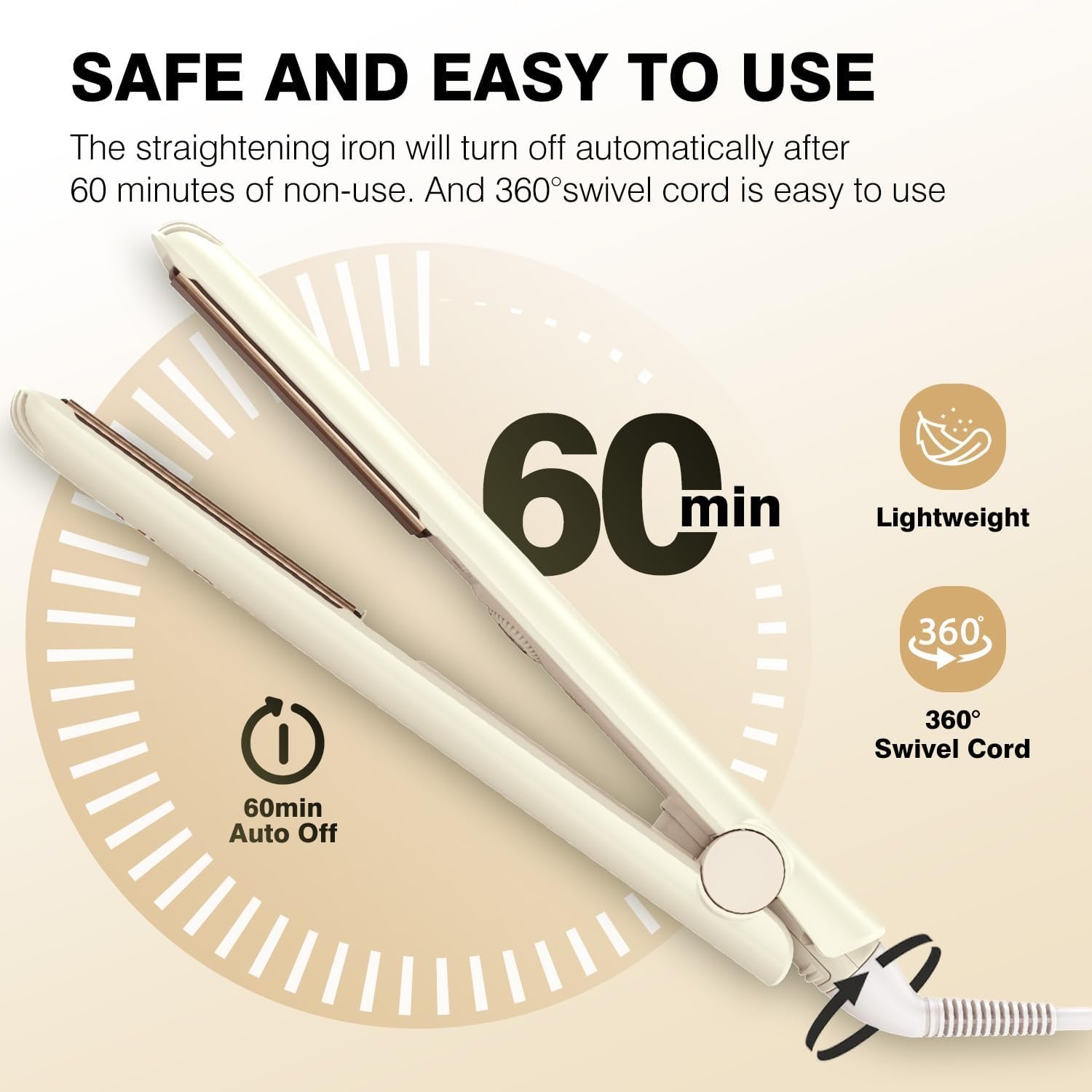 MiroPure 1 Inch Flat Iron, Hair Straightener with 30S Fast Heating & 60min Auto Shut-Off, Hair Straightener and Curler 2 in 1 with 3D Ceramic Floating Plates, Beige - Image 5