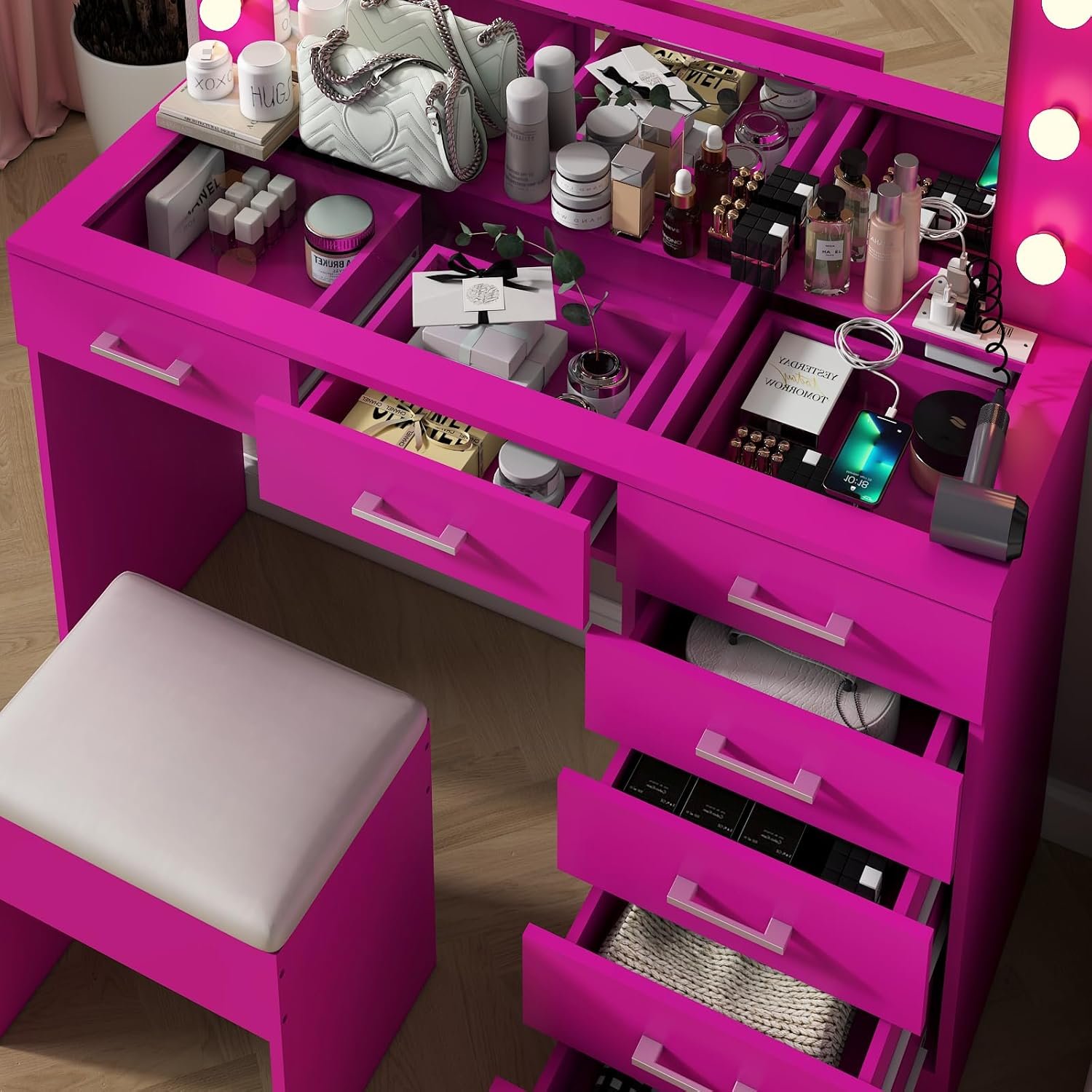 Karl home Vanity Desk with Large Lighted Mirror & Powre Outlet, Glass Tabletop Makeup Vanity Set with 7 Drawers, 45.3" Vanity Table with 3 Color Lighting Modes, Dressing Table for Women Girls, Pink - Image 3