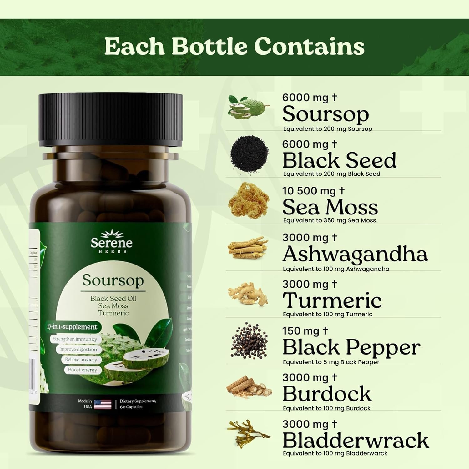 Serene Herbs 17-in-1 Sea Moss Capsules with Irish Seamoss, Black Seed Oil, Ashwagandha, Turmeric & Bladderwrack - Advanced Immunity, Energy & Gut Support - Natural Herbal Supplement - 60 Count - Image 3