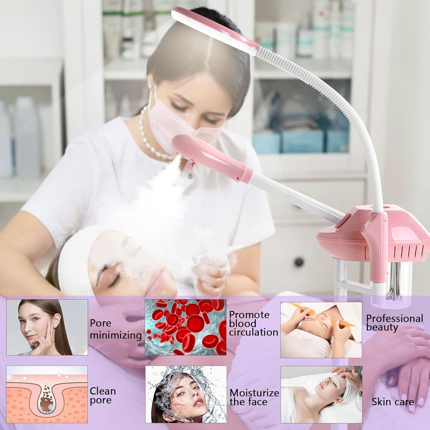 Professional Facial Steamer, 2In1 Face Steamer on Wheels for Facial Deep Cleaning, SPA Facial Steamer for Esthetician with 5X Magnifying Lamp, Stand Face Steamer with Time Setting, Pink - Image 2