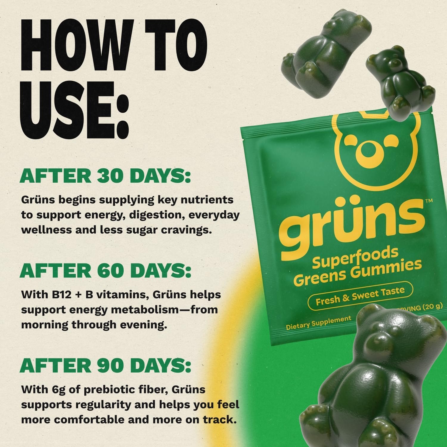 Gruns Sugar-Free Super Greens Gummies, Multivitamin Superfood Gummy Bears, Spirulina, Chlorella, Prebiotics & Fiber gummies for Digestive Health, Adaptogens Supplement, 20 Vitamins & Minerals, 10 pack - Image 6