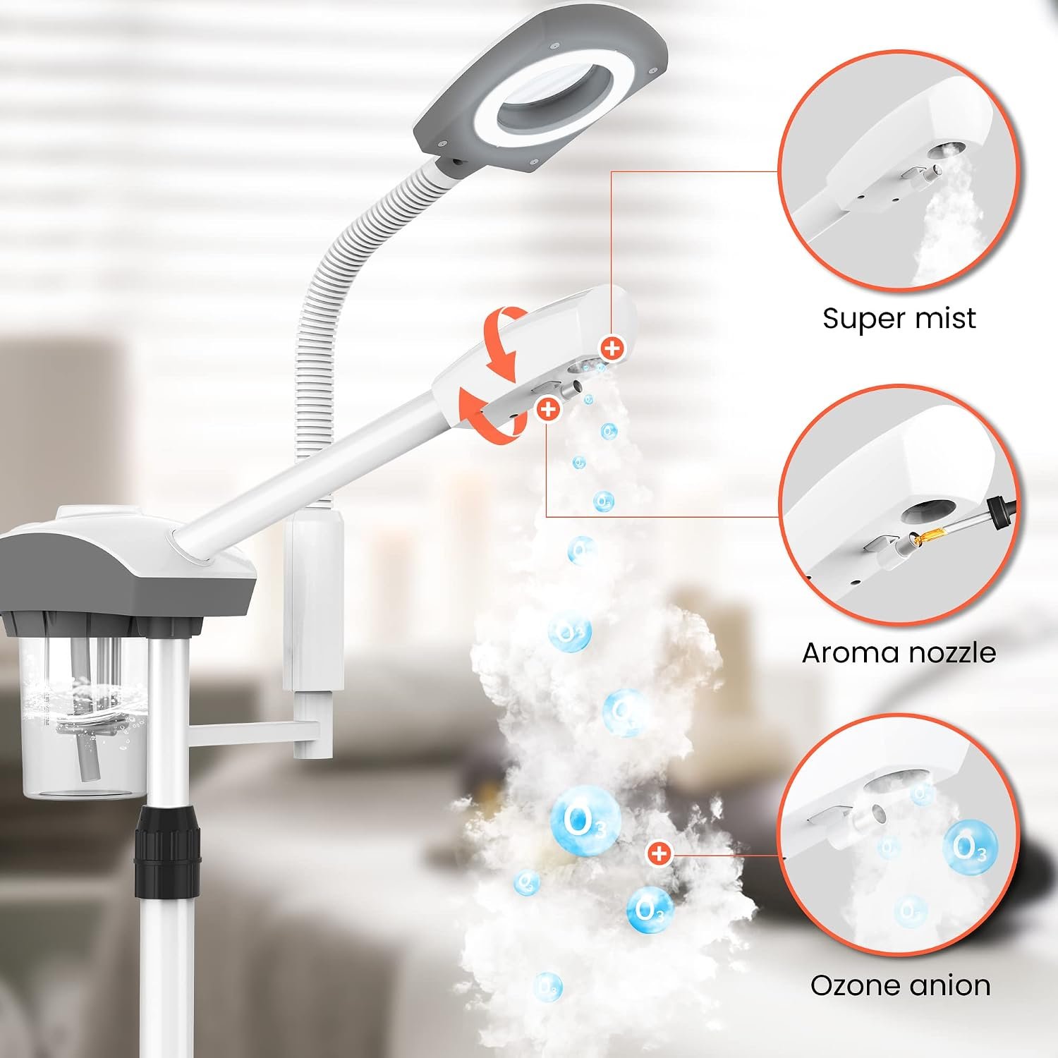 TASALON Professional Facial Steamer Tools for Esthetician, Skin Care and Deep Cleaning, 2 in 1 Face Machine with 3X Magnifying Foldable Arm, Ozone Face Steamer for Facial, Hot Mist Skincare, White - Image 2