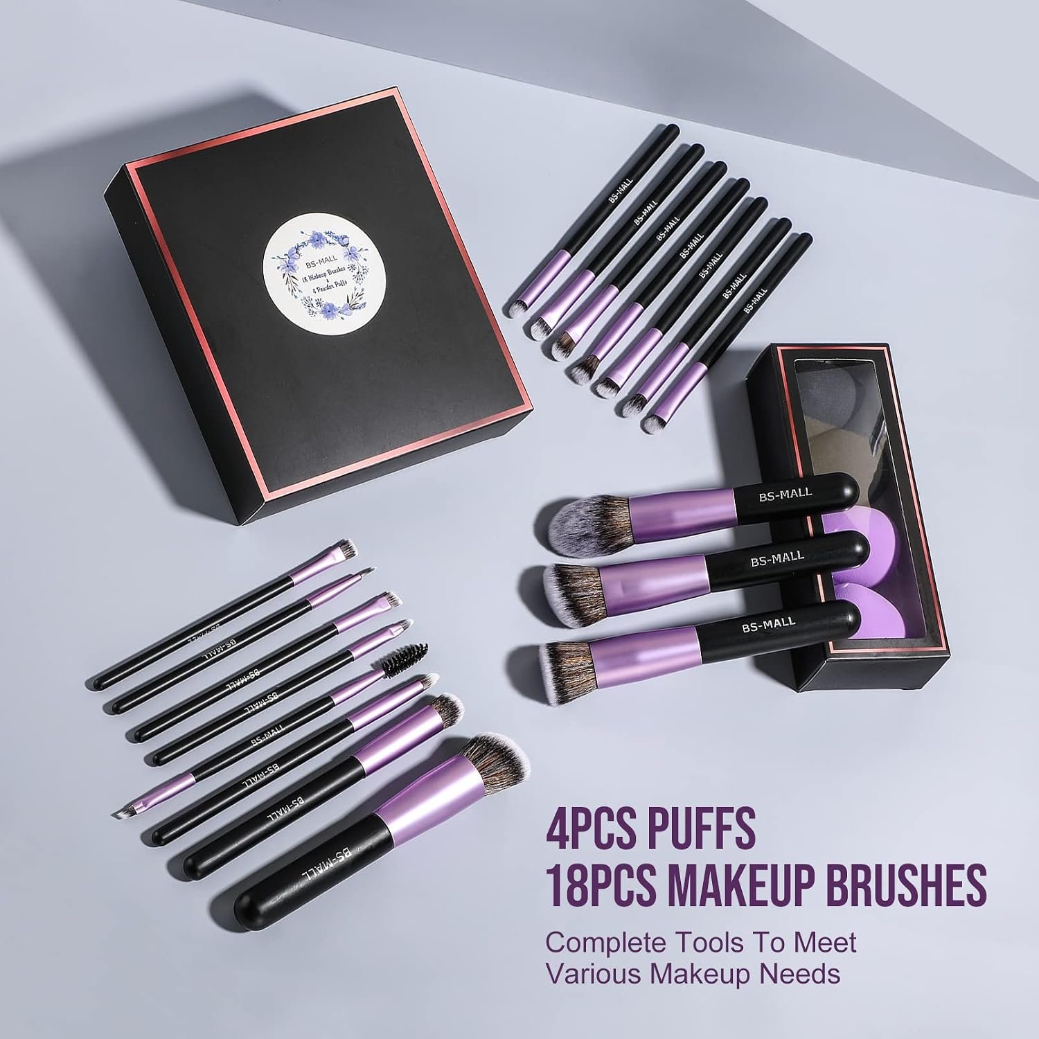 BS-MALL Makeup Brushes Premium Synthetic Foundation Powder Concealers Eye Shadows Makeup 18 Pcs Brush Set with 4 Pcs Makeup sponge Set - Image 7