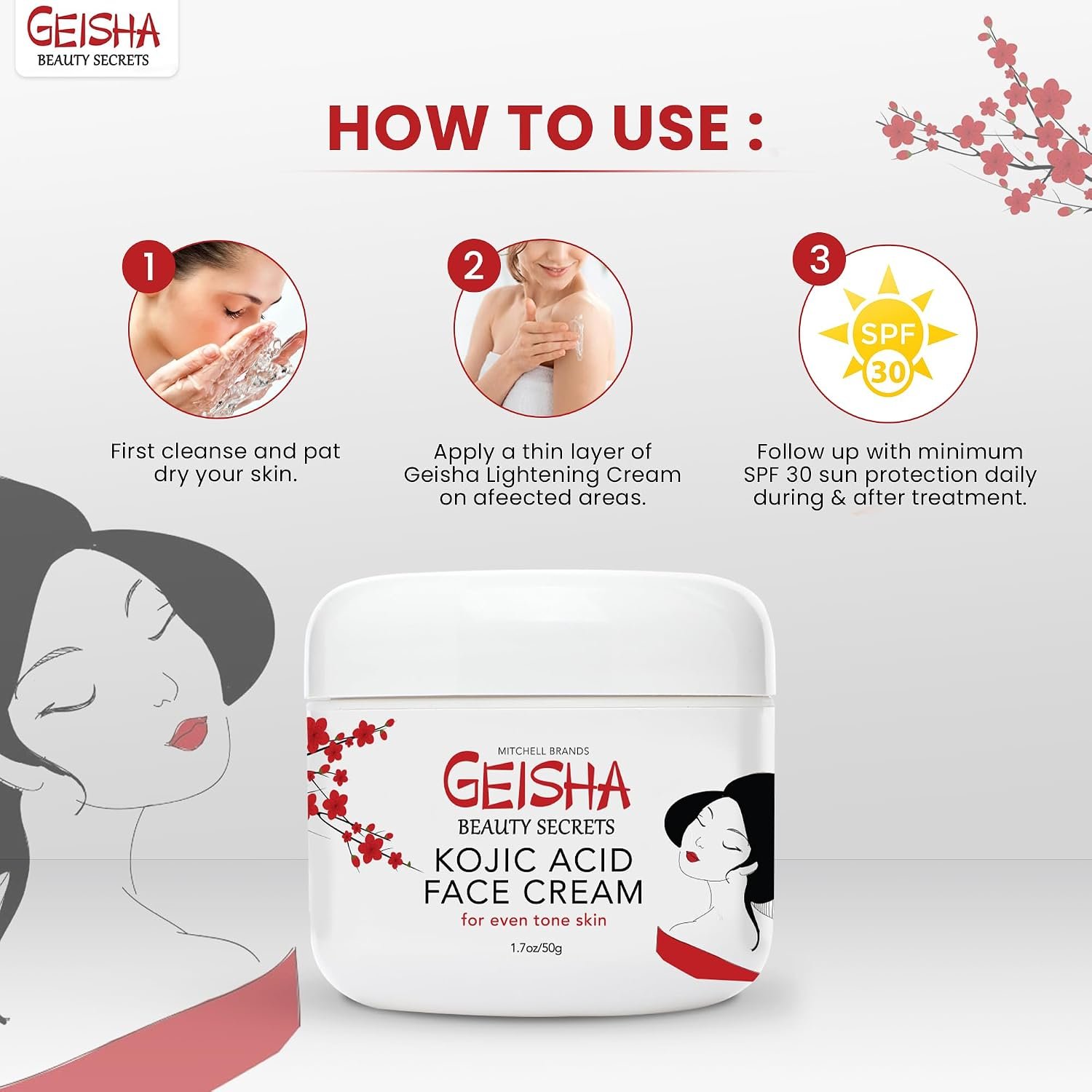 OMIC Geisha Kojic Acid Cream - 1.7 fl oz / 50 ml - Skin Brightening Cream for Face, Body, Hands - with Glycolic Acid - Image 2