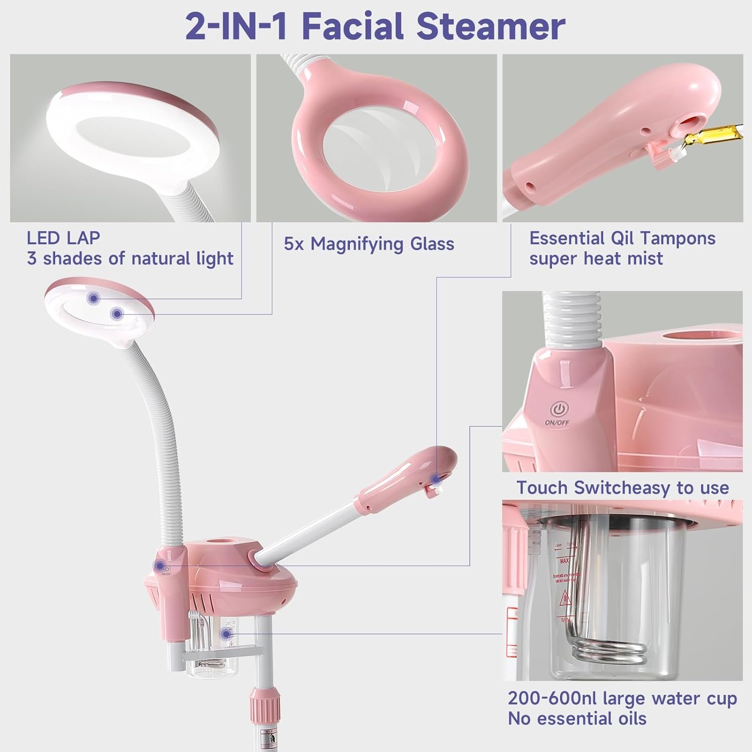 Professional Facial Steamer, 2In1 Face Steamer on Wheels for Facial Deep Cleaning, SPA Facial Steamer for Esthetician with 5X Magnifying Lamp, Stand Face Steamer with Time Setting, Pink - Image 3
