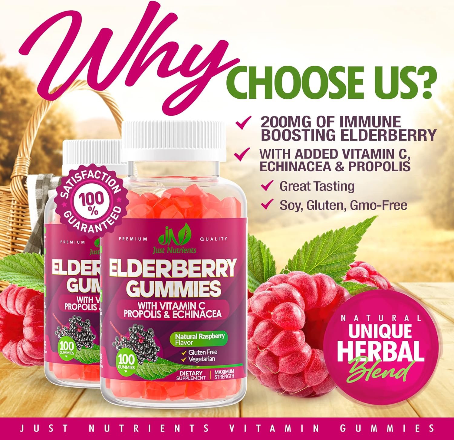 Elderberry 200mg Gummies with Vitamin C, Echinacea, Propolis (100 count) - Immune Support for Adults & Kids - Maximum Strength, Great Tasting Raspberry Flavor - Gluten-Free, Vegan - 100 Gummies - Image 2