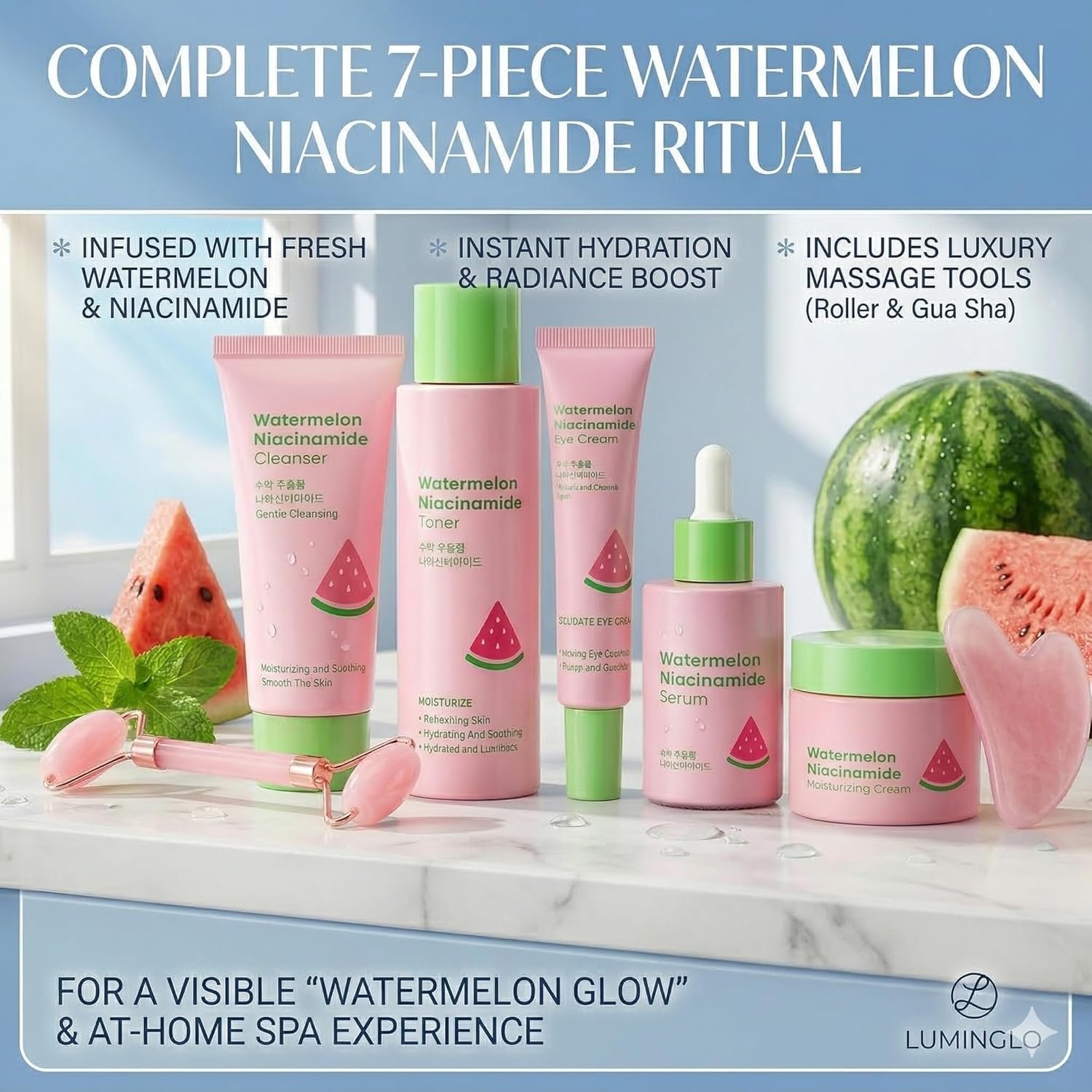 Watermelon Niacinamide Skin Care Set, Skin Care For Kids & Girls With Cleanser,Toner,Eye Cream,Cream,Serum,Headbeand & 2PCS Guasha, Skincare For Girls 10-12, Routine Beauty Skin Care For Teens Gift - Image 6