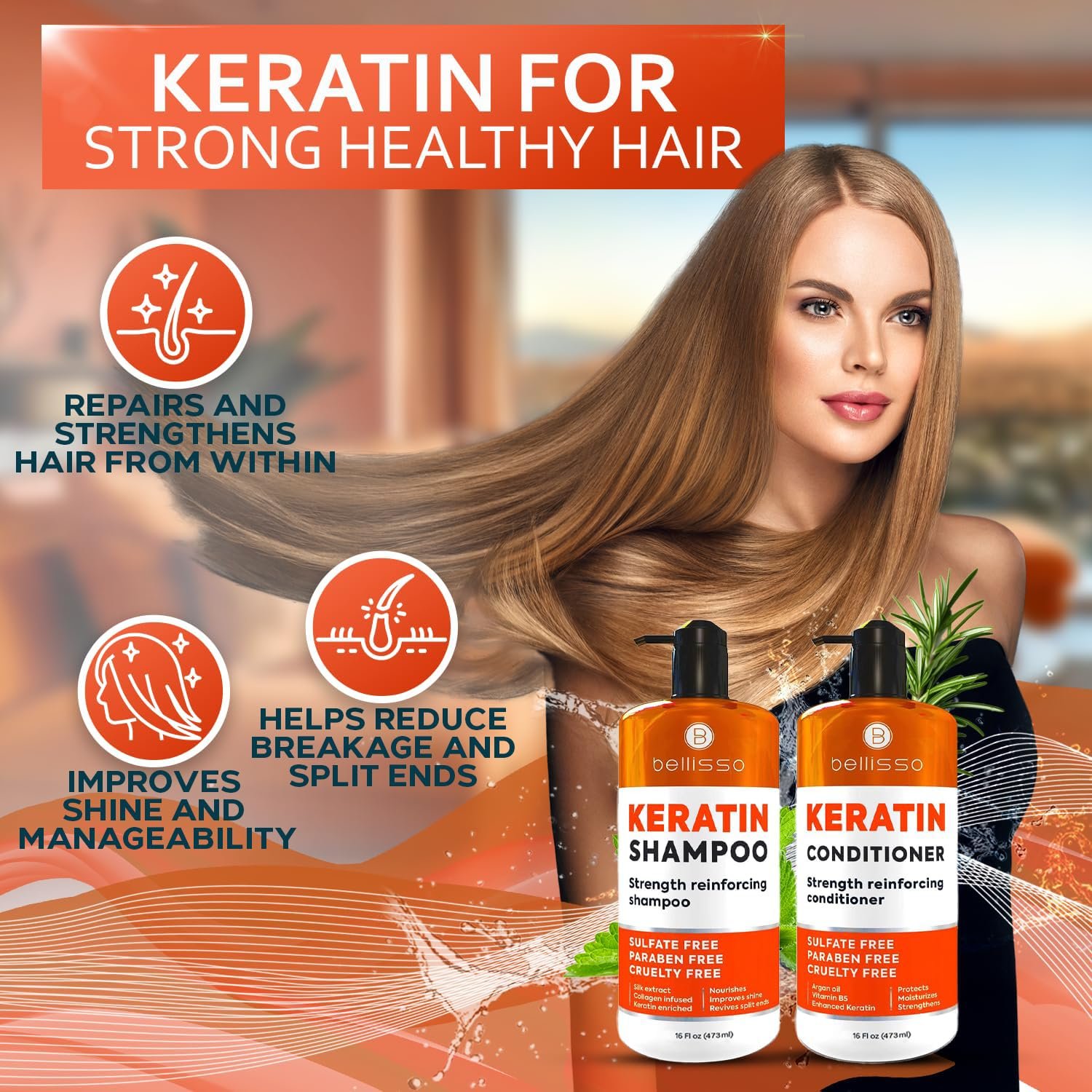 Keratin Shampoo and Conditioner Set - Sulfate Free and Paraben Free - Salon Thickening Treatment for Dry, Damaged, Curly, Frizzy, Straight or Color Treated Hair - Anti Frizz Formula for Women and Men - Image 2