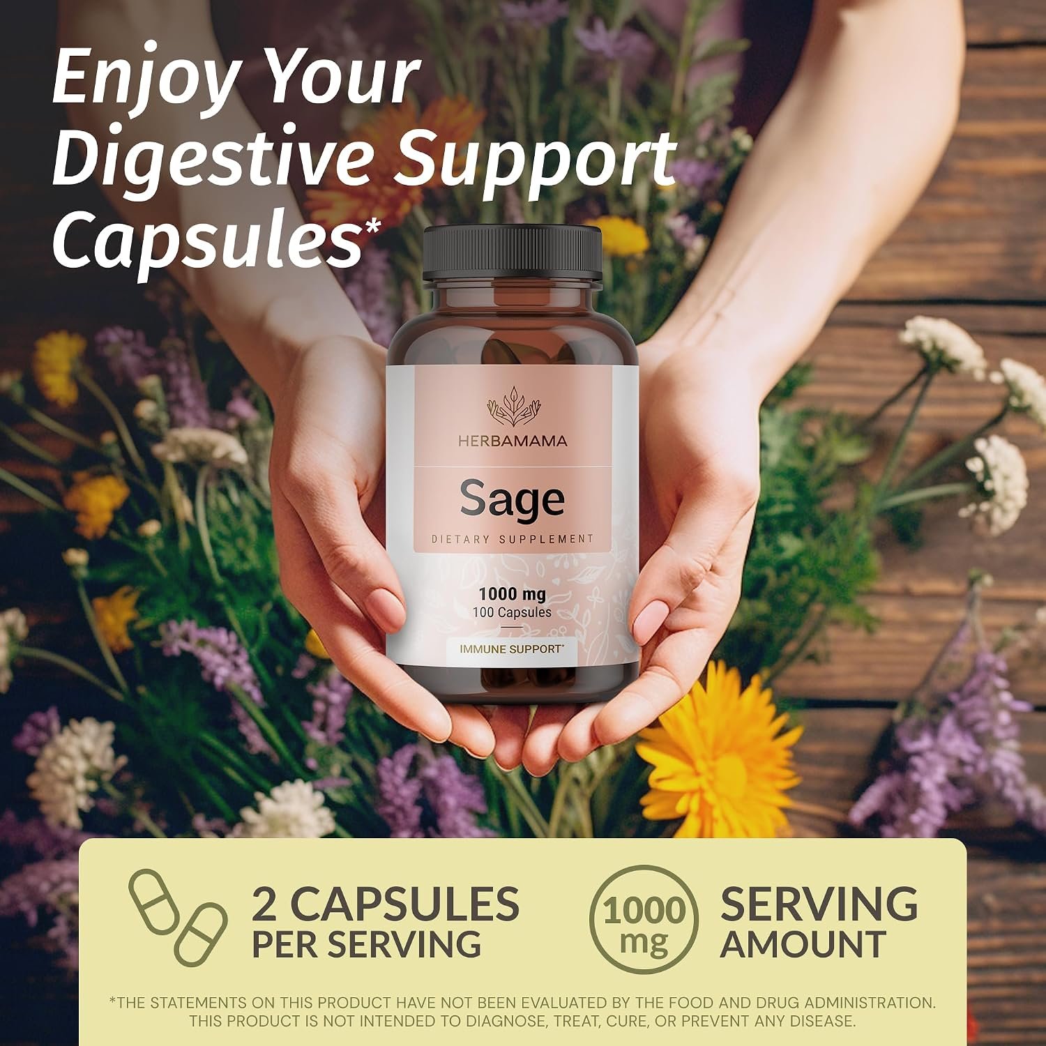 HERBAMAMA Sage Capsules - 1000mg Natural Digestive & Immune Support - Sage Leaves for Brain Clarity – Vegan, Non-GMO Salvia Officinalis Antioxidant Supplement - Image 2