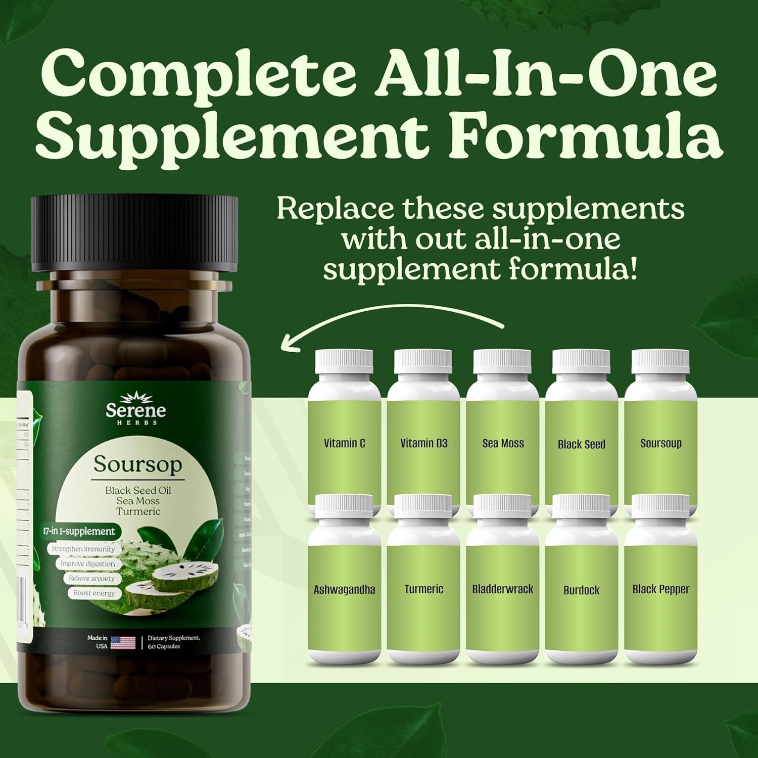 Serene Herbs 17-in-1 Sea Moss Capsules with Irish Seamoss, Black Seed Oil, Ashwagandha, Turmeric & Bladderwrack - Advanced Immunity, Energy & Gut Support - Natural Herbal Supplement - 60 Count - Image 2
