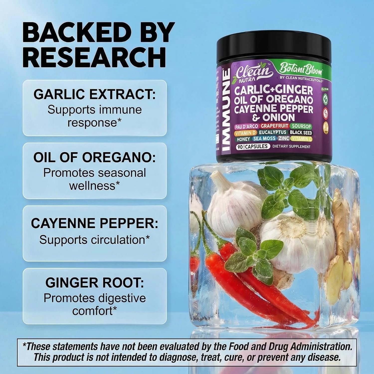 Clean Nutra Garlic Ginger Oil of Oregano Cayenne Pepper Grapefruit Soursop Black Cumin Sea Moss Black Pepper Vitamin C and Zinc VIT C Detox Gut Health Black Seed Cleanse 90 Vegan Capsules - Image 3