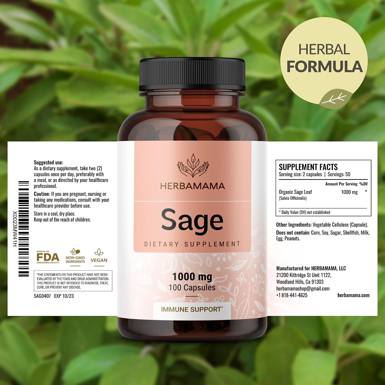 HERBAMAMA Sage Capsules - 1000mg Natural Digestive & Immune Support - Sage Leaves for Brain Clarity – Vegan, Non-GMO Salvia Officinalis Antioxidant Supplement - Image 7