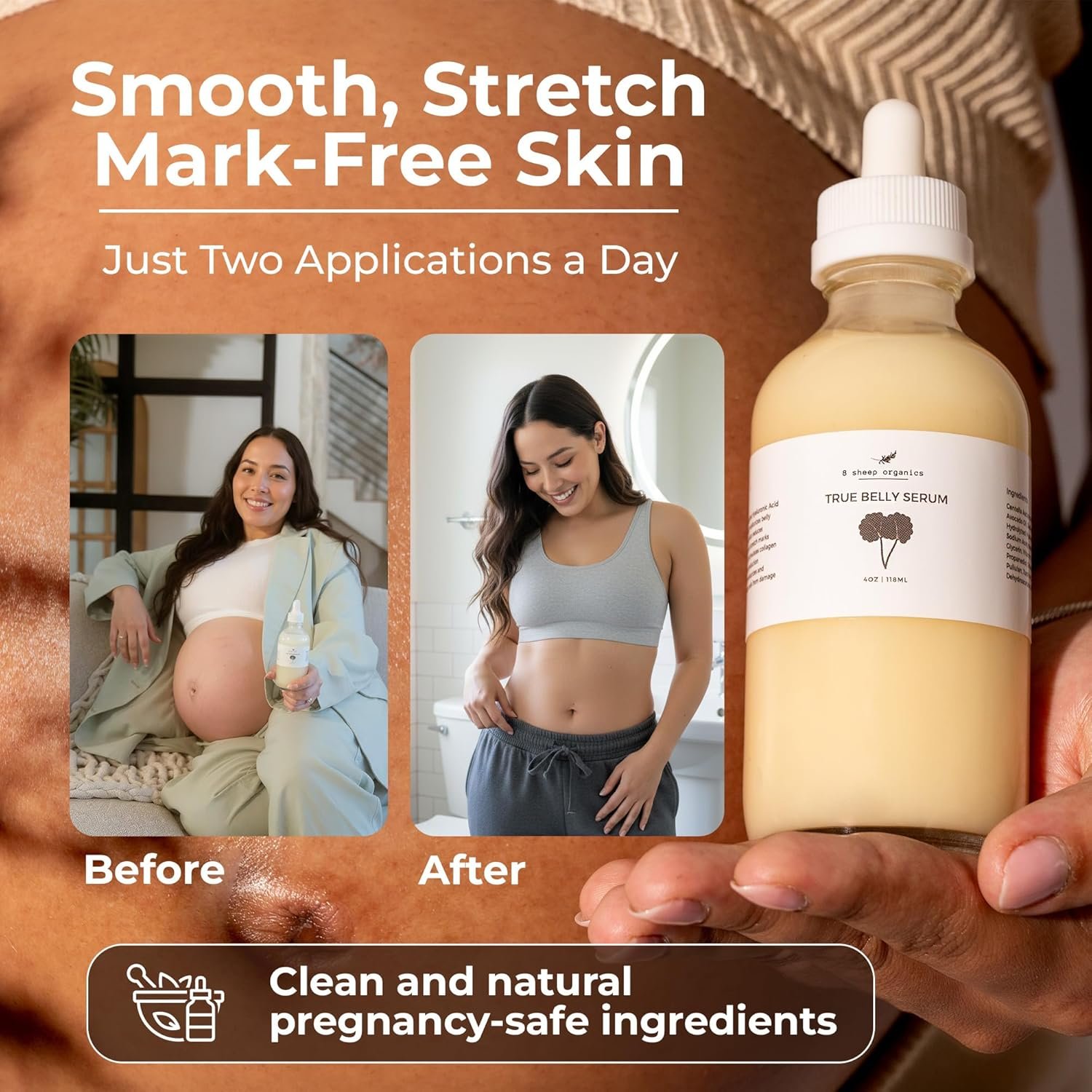 8 Sheep True Belly Serum, Pregnancy-Safe Skin Care Belly Oil with Triple-Weighted Hyaluronic Acid & Centella Asiatica, Supports Hydration & Skin Elasticity, Made in USA in Small Batches, 4 FL OZ - Image 3