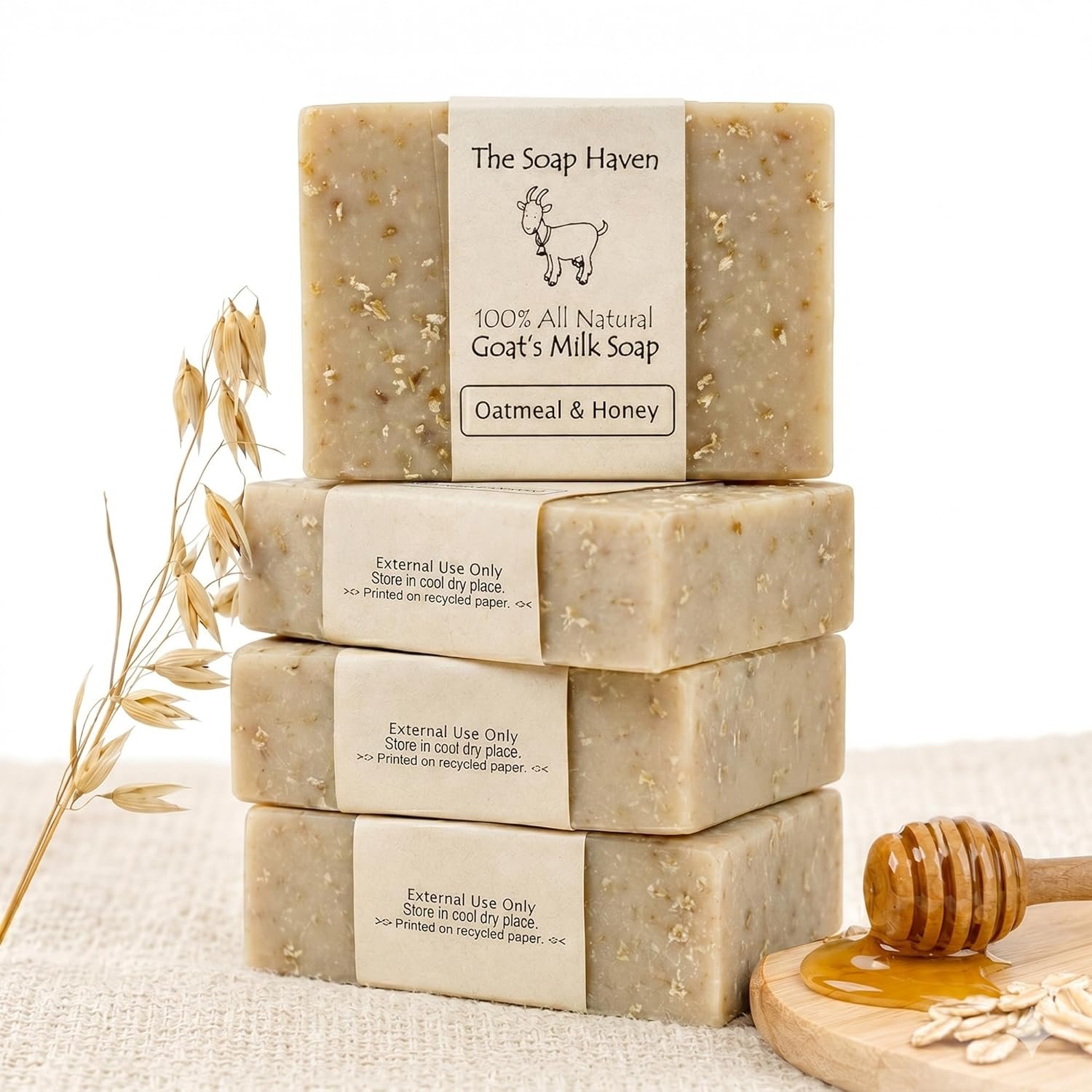 Oatmeal Soap - 4 Oatmeal & Honey Goat Milk Soap Bars, Handmade in USA, All Natural, Unscented, SLS Free, No Parabens