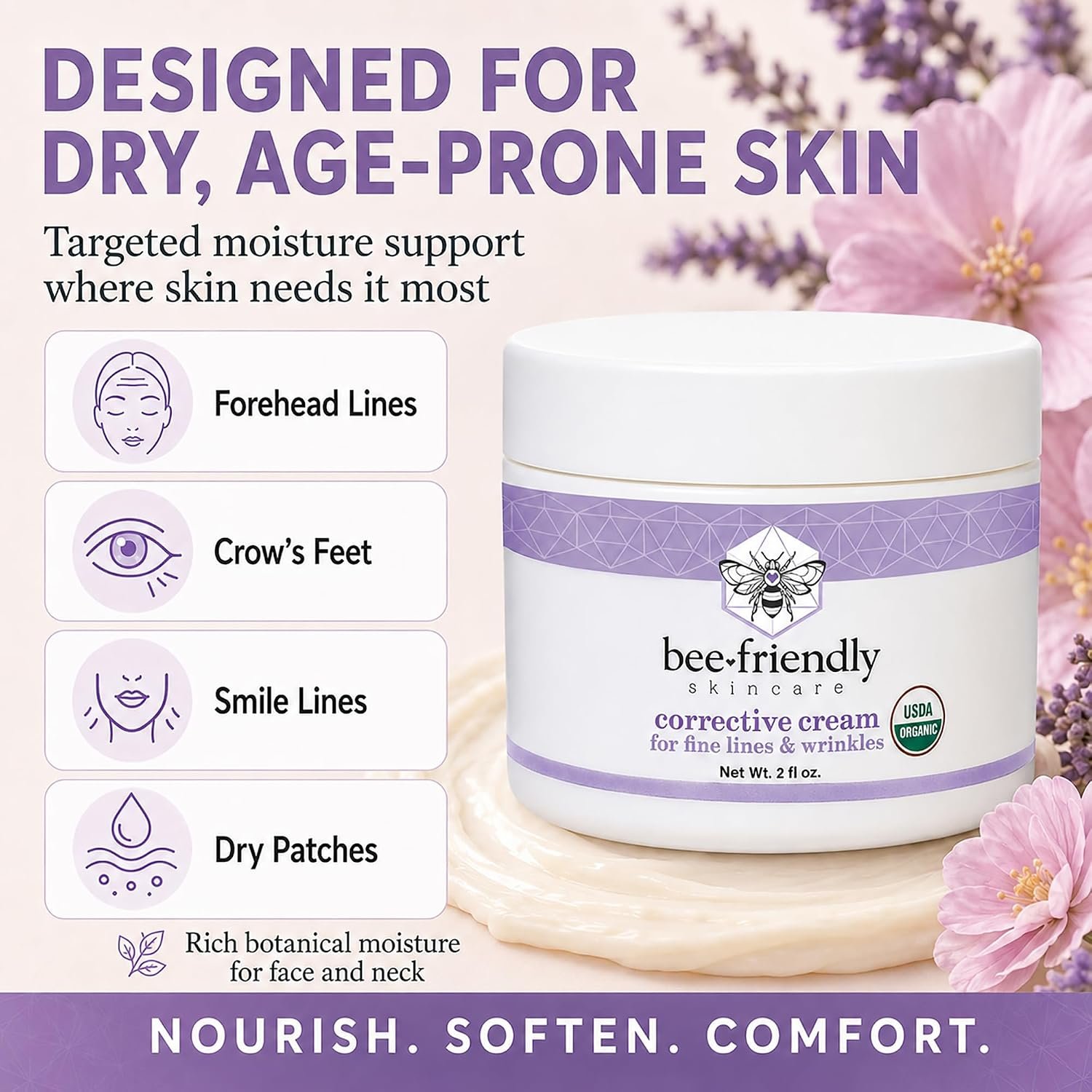 BeeFriendly® Organic Corrective Cream Face Moisturizer, 2 oz | USDA Certified, Revitalizing Facial Night Cream, For Sensitive Skin, Aids Fine Lines & Wrinkles, For Eyes, Face, Neck - Image 5