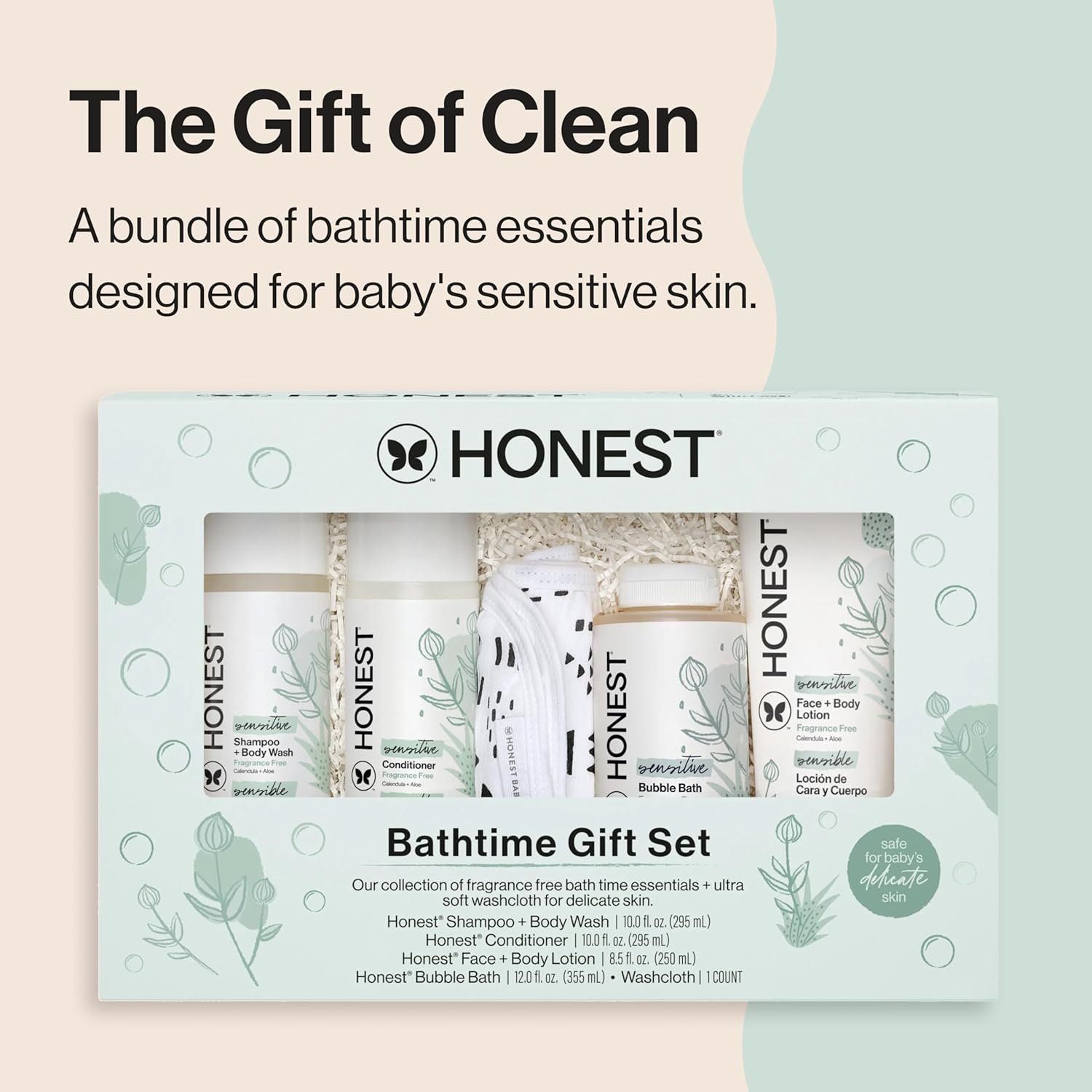 The Honest Company Fragrance-Free Bathtime Gift Set, Hypoallergenic, Bath Essentials for Sensitive Skin, Shampoo and Body Wash, Face Lotion, Bubble Bath, Conditioner, Wash Cloth - Image 2