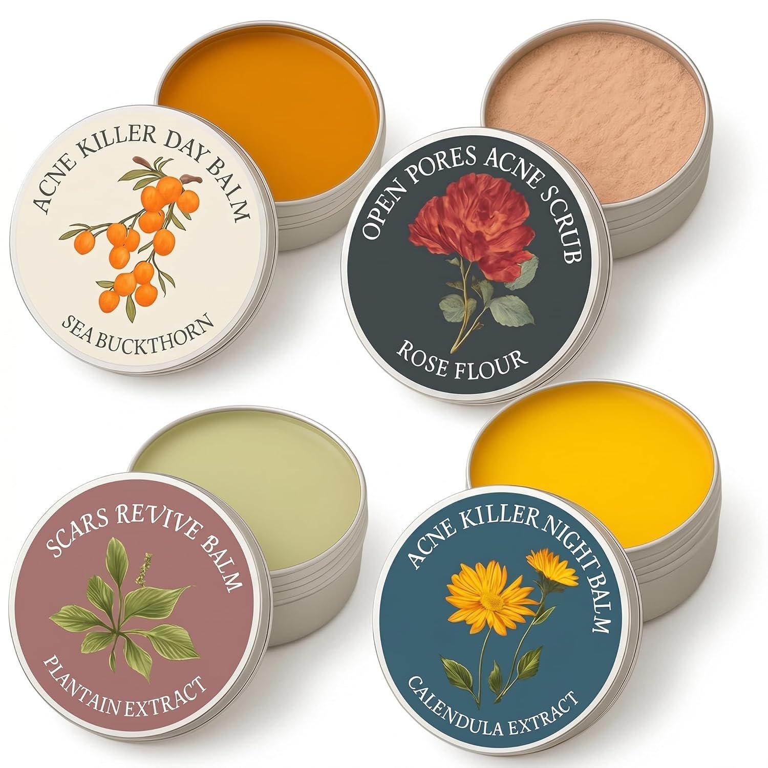 Organics Acne Balm Set with Squalane Oil, Calendula, Sea Buckthorn, Rosehip & Arnica, 4-Piece Balm & Scrub Kit for Uneven-Looking Skin, Pore-Area Texture & Moisturizing Care, 1.05 oz / 30 ml (4PCS)