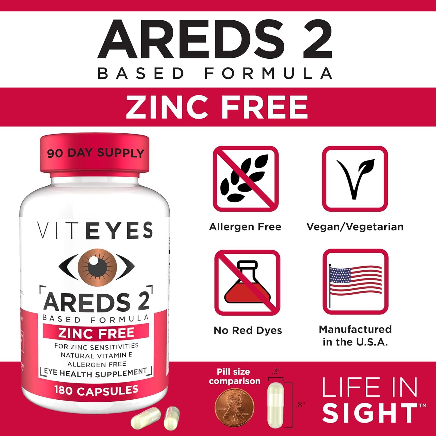 Viteyes AREDS 2 Zinc Free Macular Support, Natural Allergen Free Capsules with Vitamin E, Vitamin C, Lutein & Zeaxanthin, No Zinc, No Copper, Eye Doctor Trusted, Manufactured in the USA, 180 Ct - Image 4