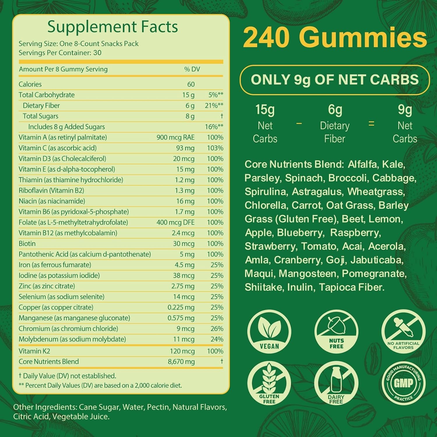 Greens Daily Gummies, Superfood Fruits and Veggies Blend with Spirulina, Chlorella, Prebiotics & Fiber, Adaptogens Multivitamin Supplement for Women & Men Digestive Health, Non-GMO, 240 Count - Image 4