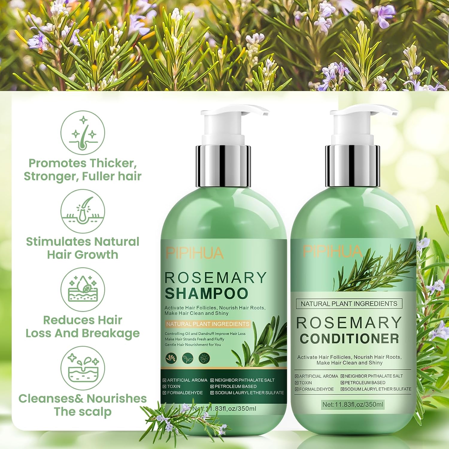 Rosemary Hair Growth Shampoo & Conditioner Set: Infused with Tea Tree Oil Mint Biotin - Cleanses and Helps Strengthen Weak and Brittle Hair - Promotes Hair Growth & Scalp Health for Men Women - Image 3