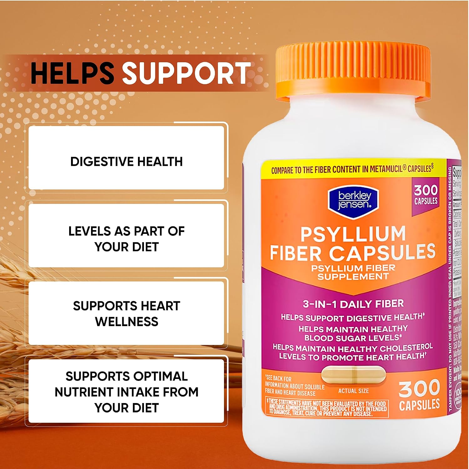 berkley jensen Daily Psyllium Husk Supplement, Natural Fiber for Men & Women - Fiber Capsules for Overall Digestive Health, Easing Constipation, Made in USA - 300 Count (Pack of 2) - Image 7