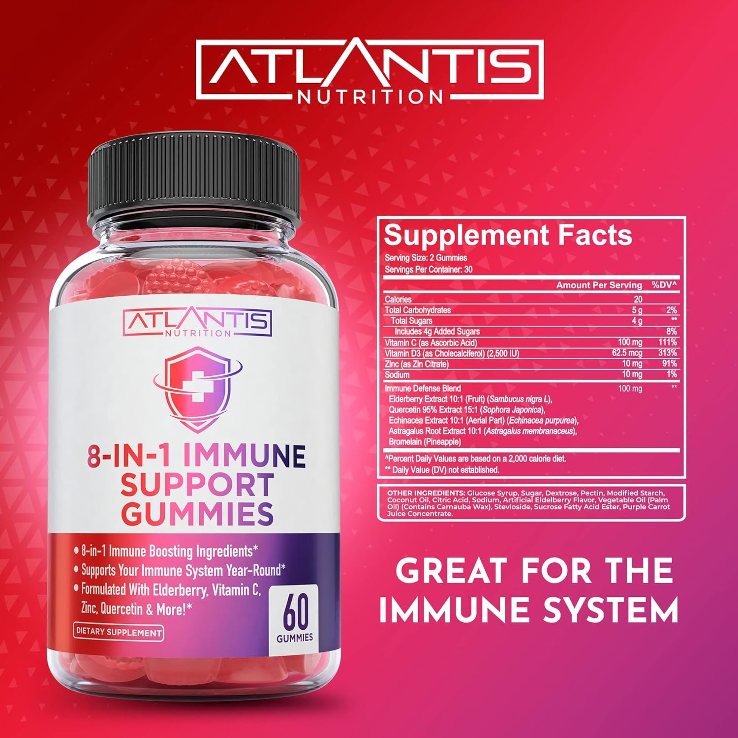 Atlantis Nutrition 8-in-1 Immune Support Gummies with Elderberry | Immune Supplement with Elderberry, Quercetin, Zinc, Vitamin C - Immunity Boosters for Adults & Kids - Delicious Flavor - 60 Count - Image 7