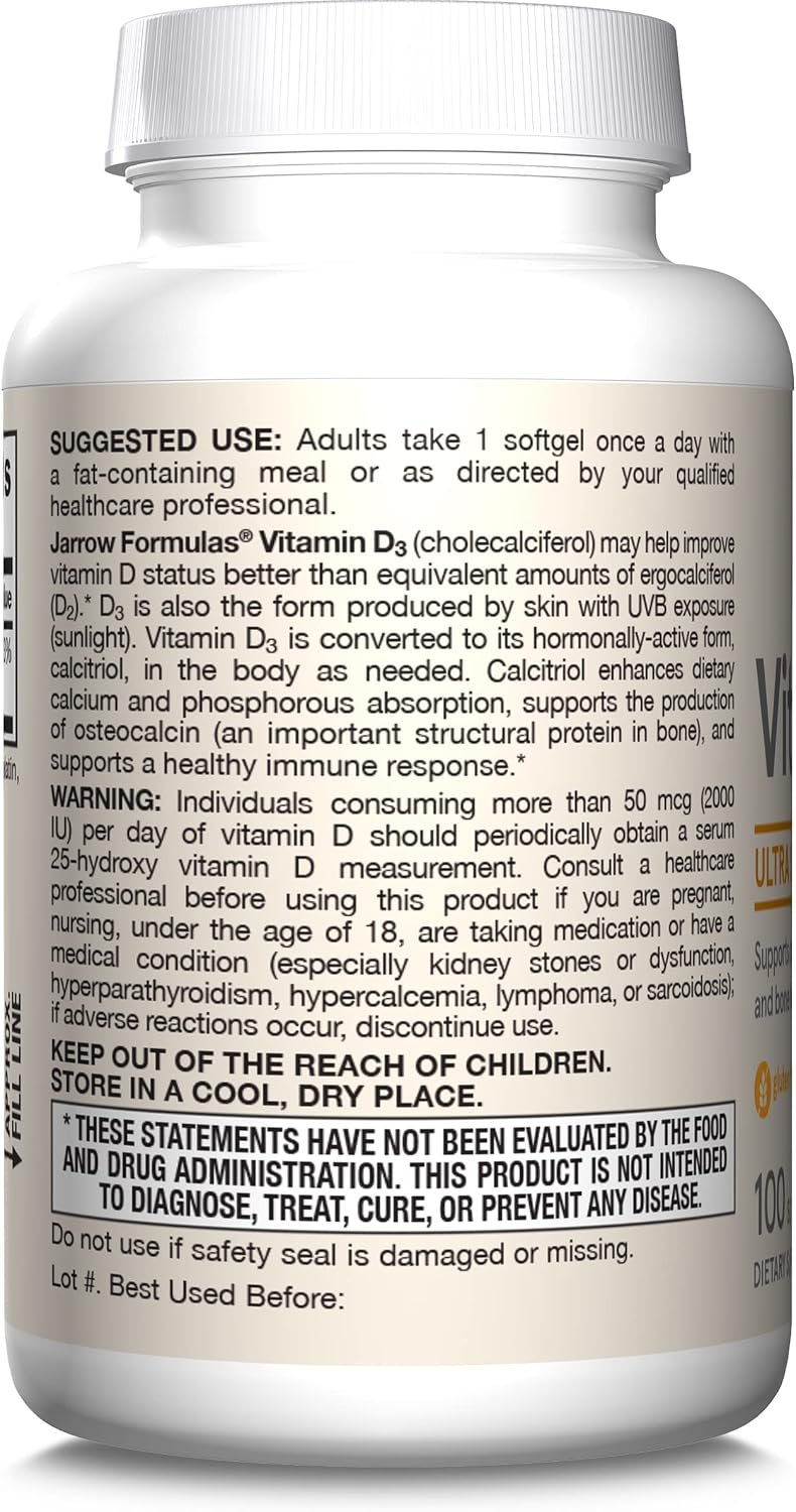 Jarrow Formulas Vitamin D3 62.5 mcg (2,500 IU) - 100 Servings (Softgels) - Bone Health, Immune Support & Calcium Metabolism Support - Vitamin D Supplement - D3 Vitamins - 2500 Vitamin D - Gluten Free - Image 9