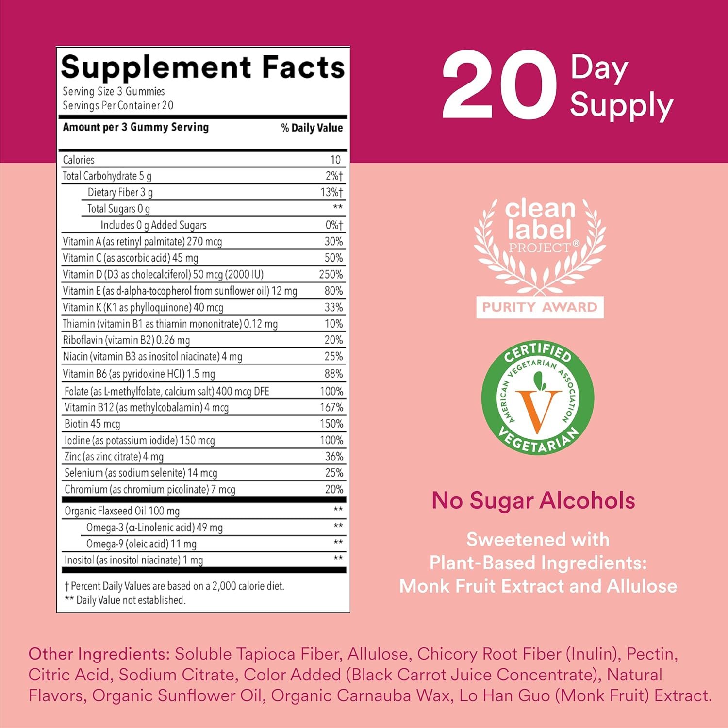 SmartyPants Women's Multivitamin Gummies, Sugar Free: Biotin, Methylfolate, Omega 3 (ALA), Vitamin D3, C, Vitamin B12, B6, A, K & Zinc, Inositol, Gluten Free, 60 Count (20 Day Supply) - Image 2