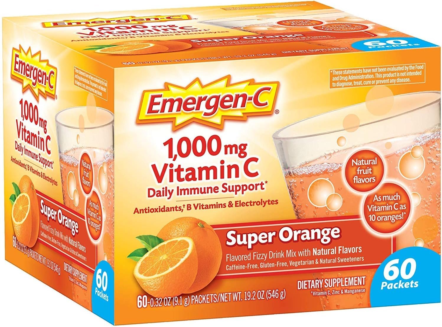 Emergen-C 1000mg Vitamin C Immune Support Powder Super Orange 60CT includes Zinc, Manganese, 7 B Vitamins and Electrolytes for Back to School Essentials