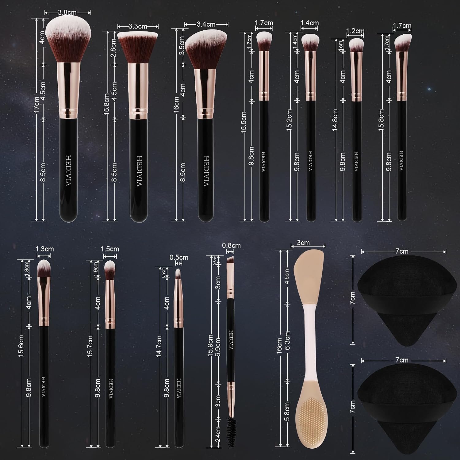Black Makeup Brushes Set 14 Pcs Professional, Premium Synthetic Foundation Makeup Brush Concealer Powder Blush Eyeshadow Brushes with 2 Powder Puff & Dual-ended Mask Applicator.Gifts for Girls - Image 7