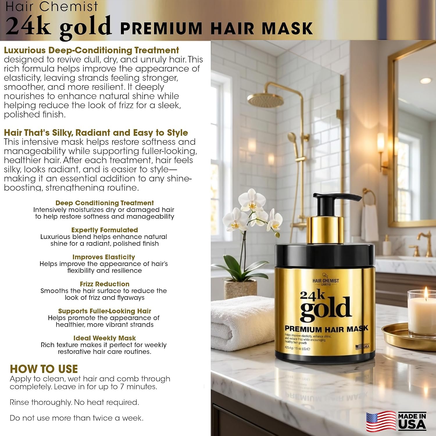 Hair Chemist 24K Gold 5-PC Complete Hair Care Set – Large Shampoo, Conditioner, Hair Oil, Hair Mist & Deep Hair Mask – Strengthening, Hydrating & Shine Enhancing for Dry, Damaged & Color-Treated Hair - Image 6